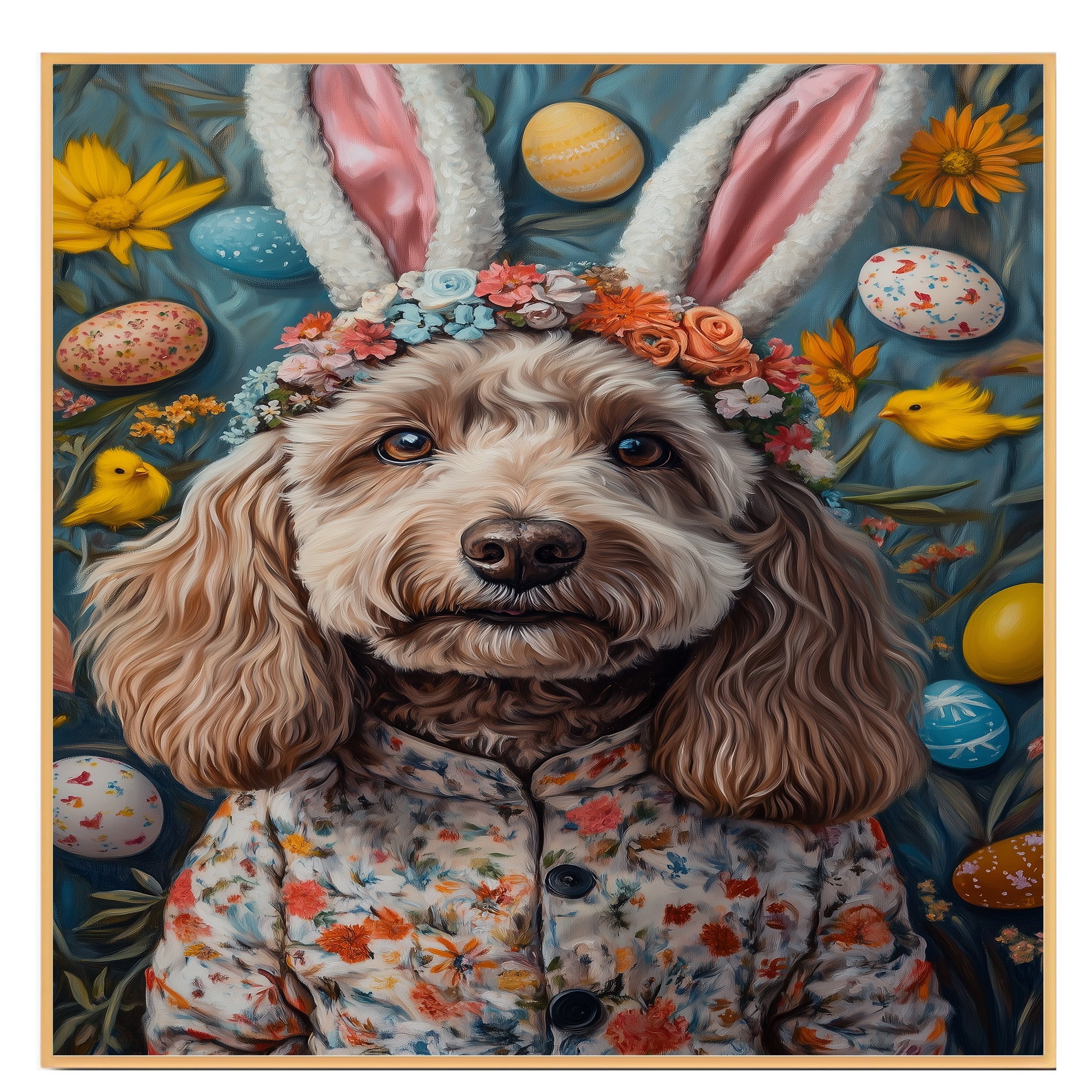 Labradoodle in Easter Outfit, Spring Dog Art for Labradoodle Lovers, Holiday Gift for Dog Owners, Dog Wall Art on Canvas Wrap, Framed Print, or Rolled Artwork for Bedroom or Living Room