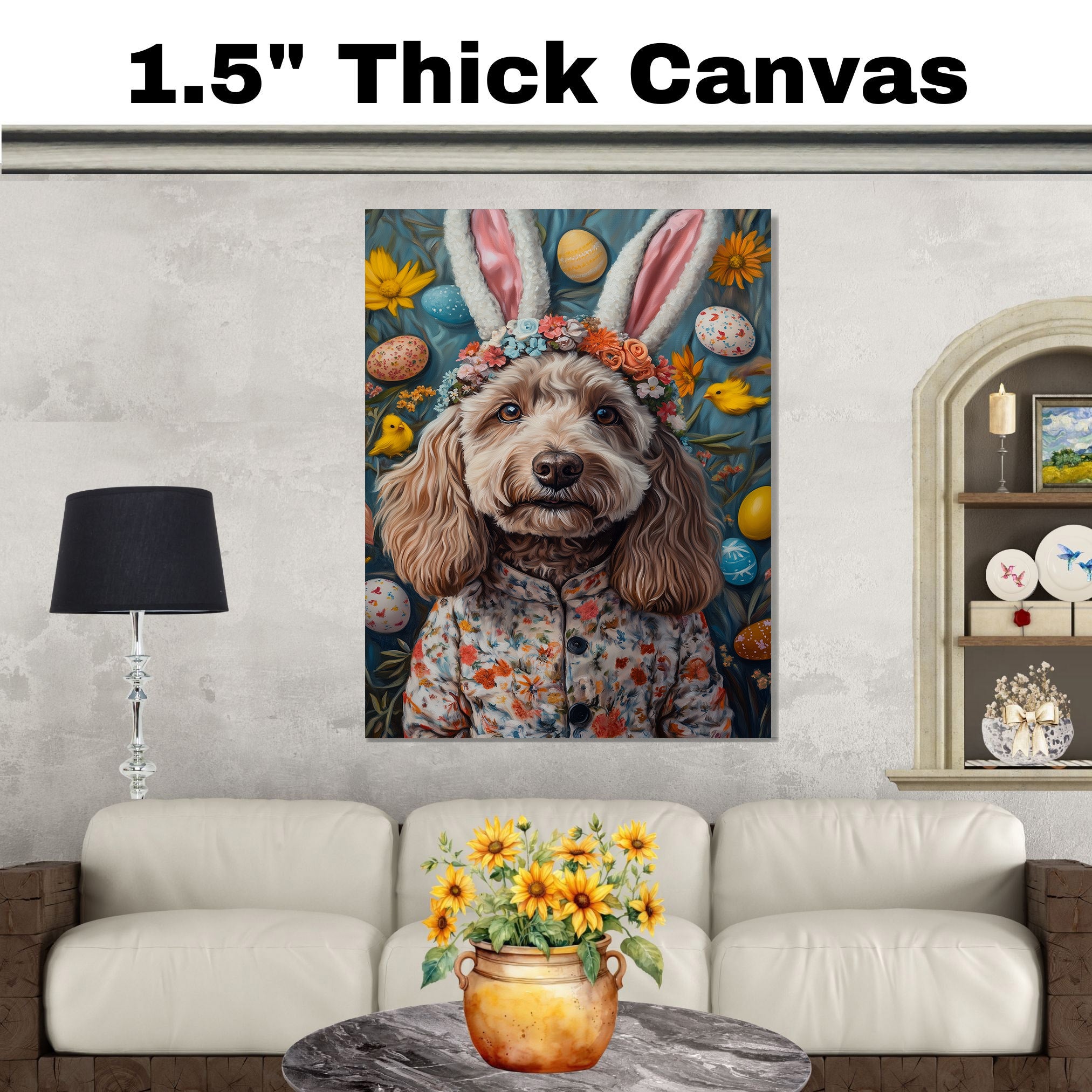 Labradoodle in Easter Outfit, Spring Dog Art for Labradoodle Lovers, Holiday Gift for Dog Owners, Dog Wall Art on Canvas Wrap, Framed Print, or Rolled Artwork for Bedroom or Living Room