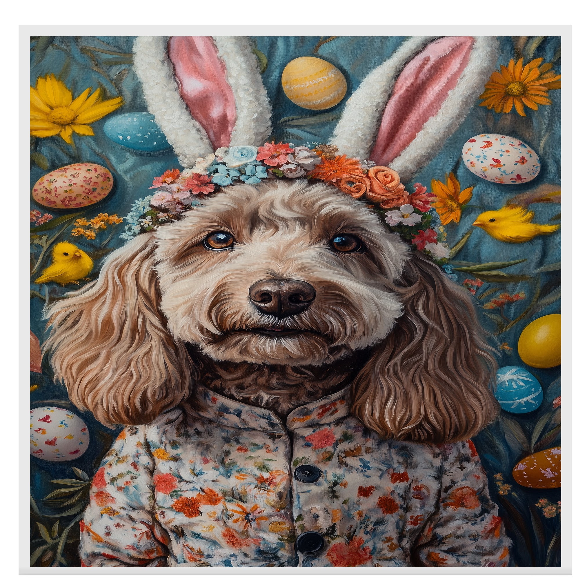 Labradoodle in Easter Outfit, Spring Dog Art for Labradoodle Lovers, Holiday Gift for Dog Owners, Dog Wall Art on Canvas Wrap, Framed Print, or Rolled Artwork for Bedroom or Living Room