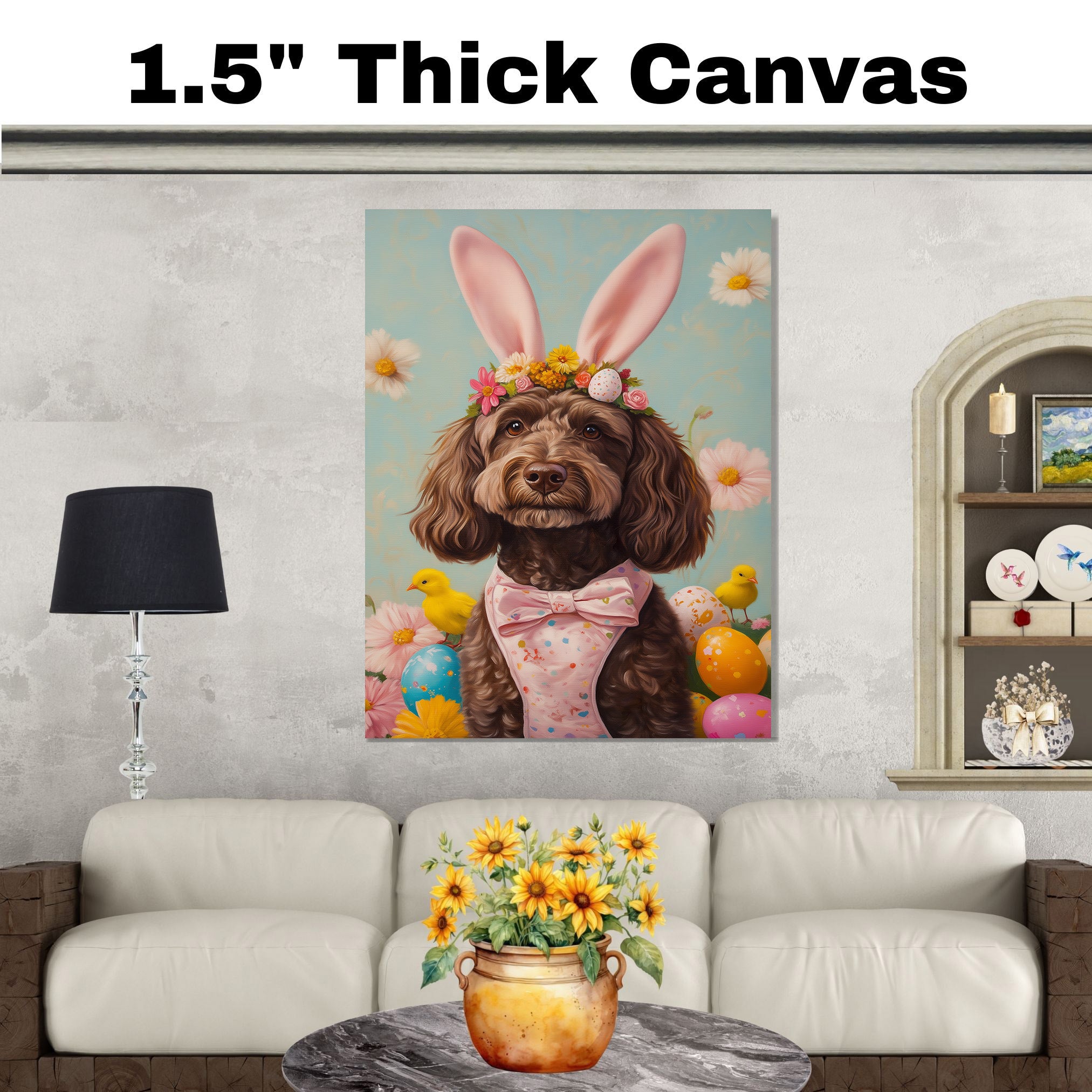 Labradoodle in Easter Outfit, Cute Dog Art for Spring, Perfect Gift for Labradoodle Owners, Dog Wall Art on Canvas Wrap, Framed Print, or Rolled Artwork for Living Room or Bedroom