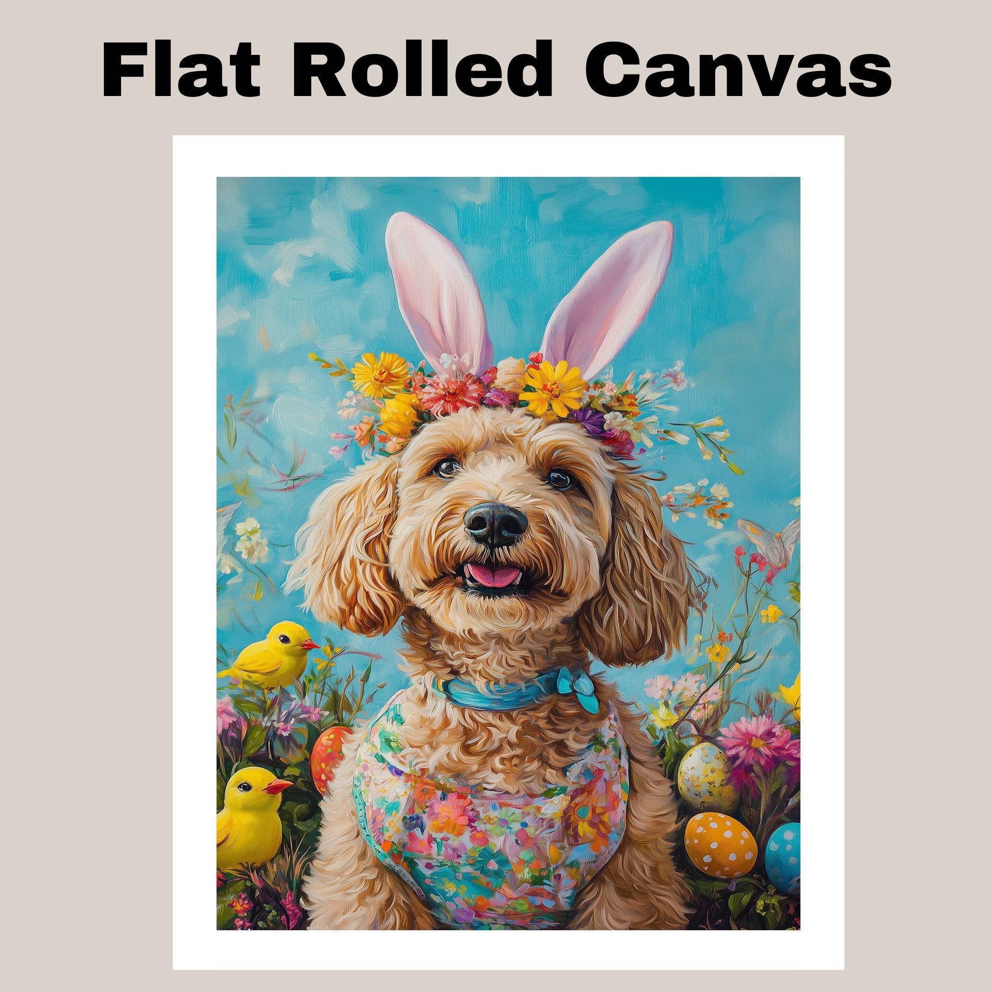 Labradoodle in Easter Costume, Adorable Spring Art for Dog Lovers, Easter Holiday Gift for Labradoodle Owners, Dog Wall Art on Canvas Wrap, Framed Print, or Rolled Artwork for Bedroom or Living Room