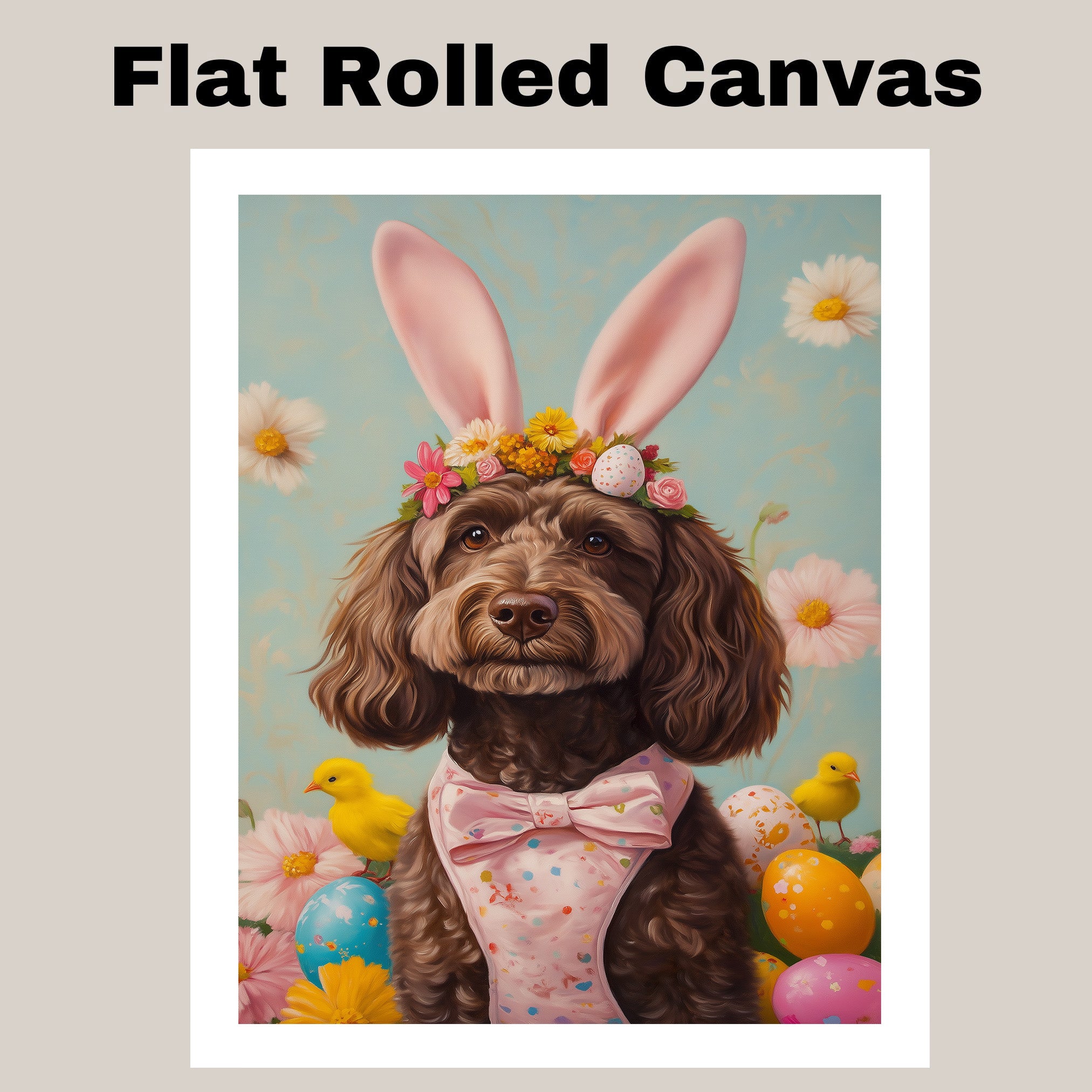 Labradoodle in Easter Outfit, Cute Dog Art for Spring, Perfect Gift for Labradoodle Owners, Dog Wall Art on Canvas Wrap, Framed Print, or Rolled Artwork for Living Room or Bedroom