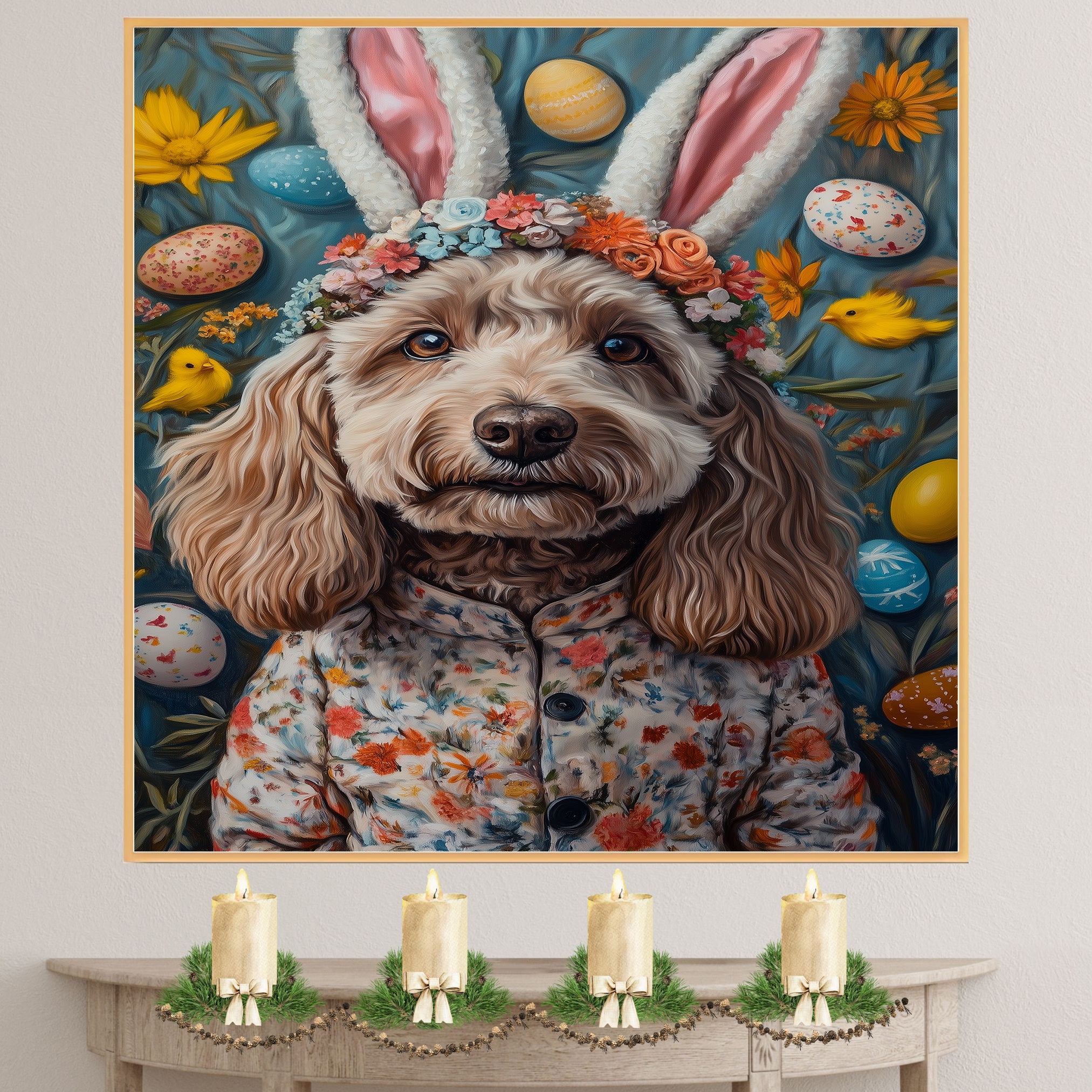 Labradoodle in Easter Outfit, Spring Dog Art for Labradoodle Lovers, Holiday Gift for Dog Owners, Dog Wall Art on Canvas Wrap, Framed Print, or Rolled Artwork for Bedroom or Living Room