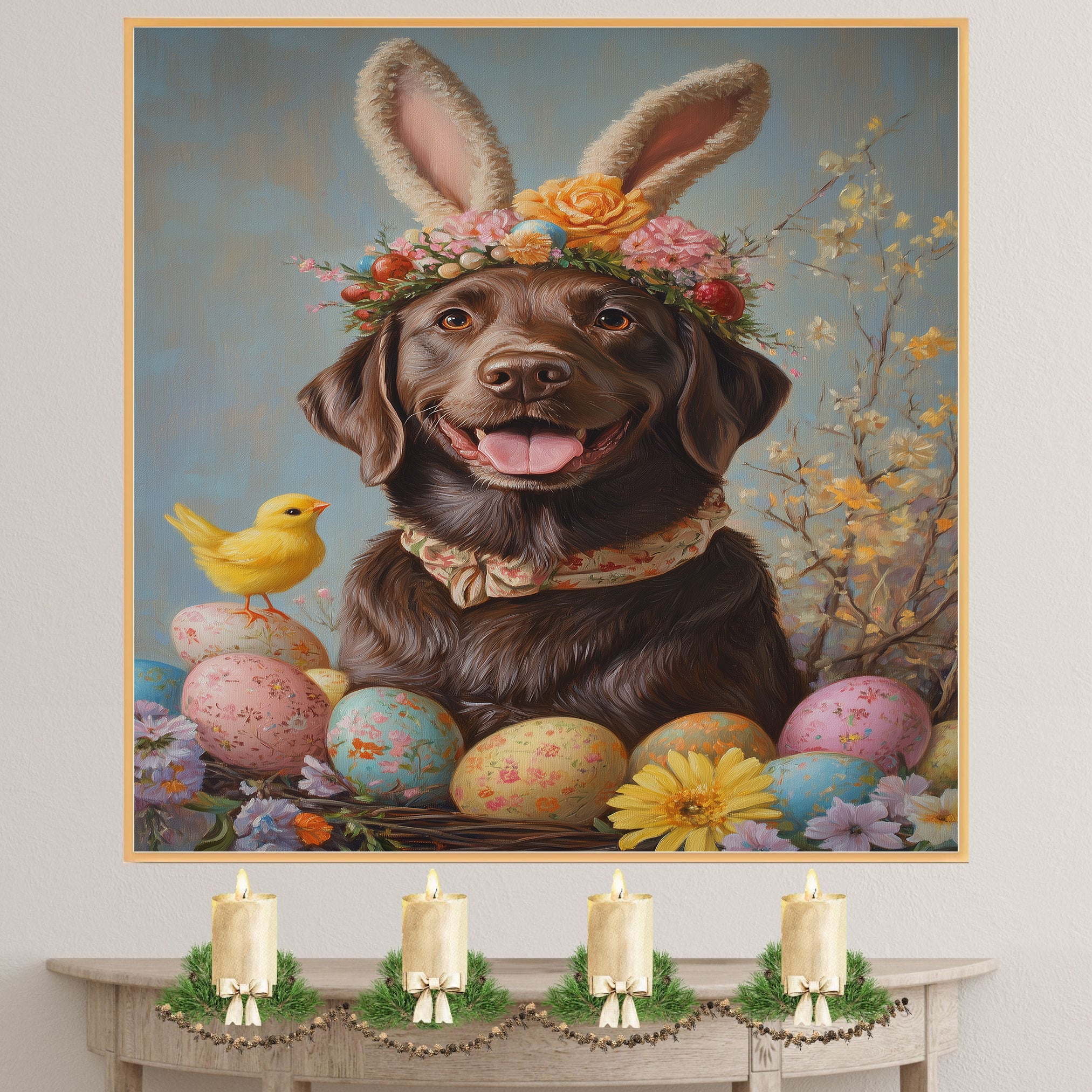 Labrador Retriever in Easter Outfit, Sweet Spring Art for Dog Lovers, Holiday Gift for Labrador Owners, Dog Wall Art on Canvas Wrap, Framed Print, or Rolled Artwork for Bedroom or Living Room