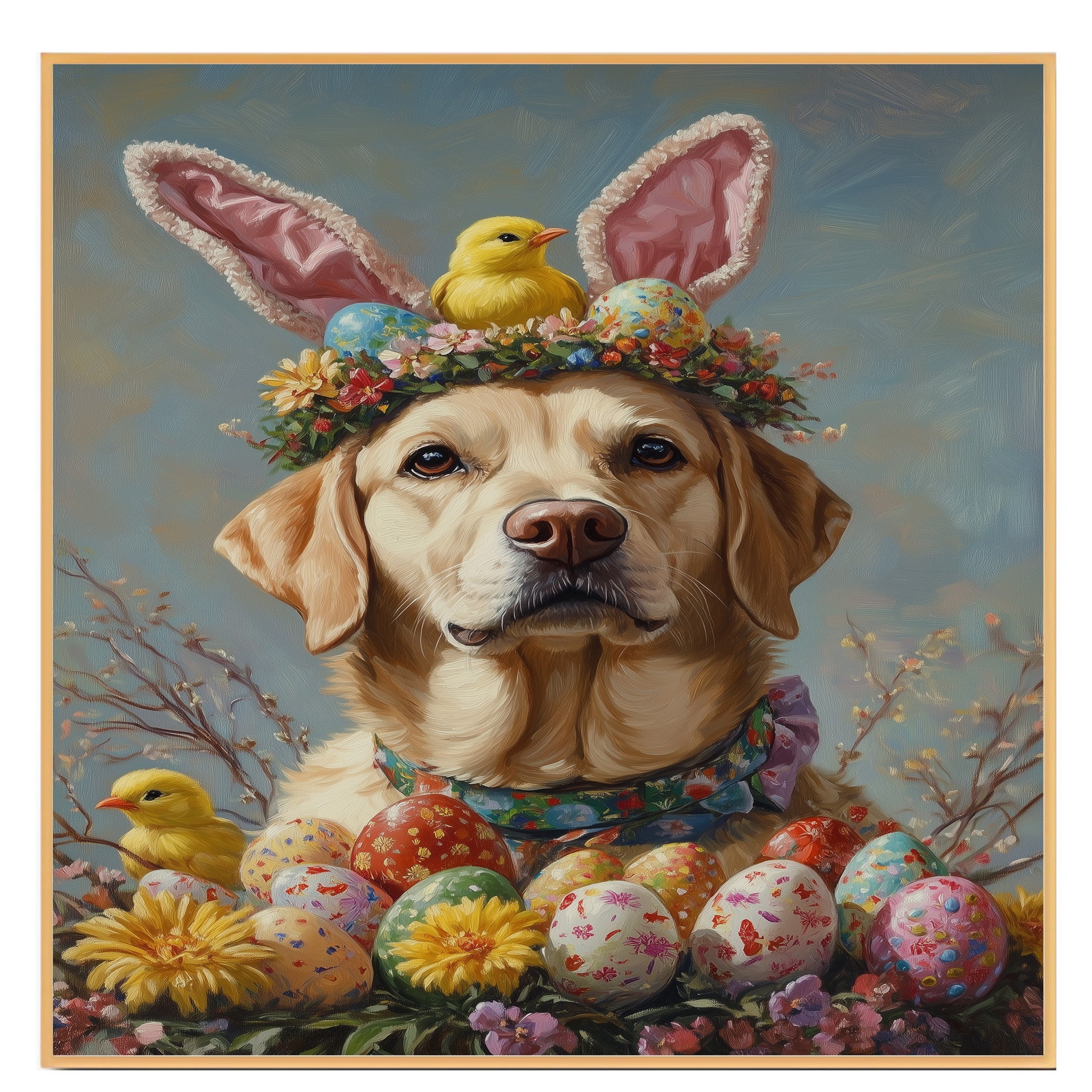 Labrador Retriever in Easter Outfit, Cute Dog Art for Spring, Perfect Easter Gift for Labrador Owners, Dog Wall Art on Canvas Wrap, Framed Print, or Rolled Artwork for Living Room or Bedroom