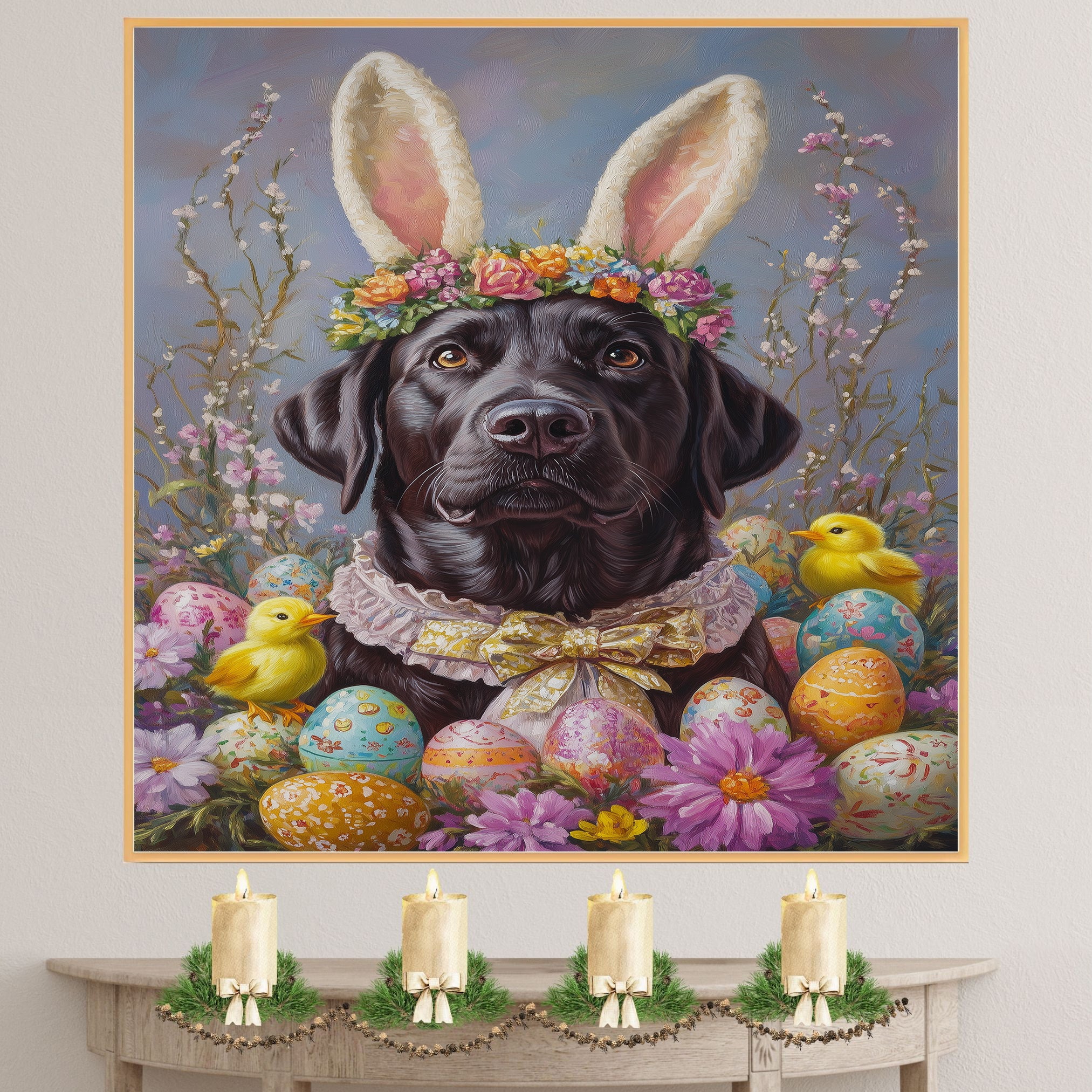 Labrador Retriever Dog in Easter Costume, Cute Pet Art for Spring, Holiday Gift for Dog Lovers, Dog Wall Art on Canvas Wrap, Framed Print, or Rolled Artwork for Living Room or Bedroom