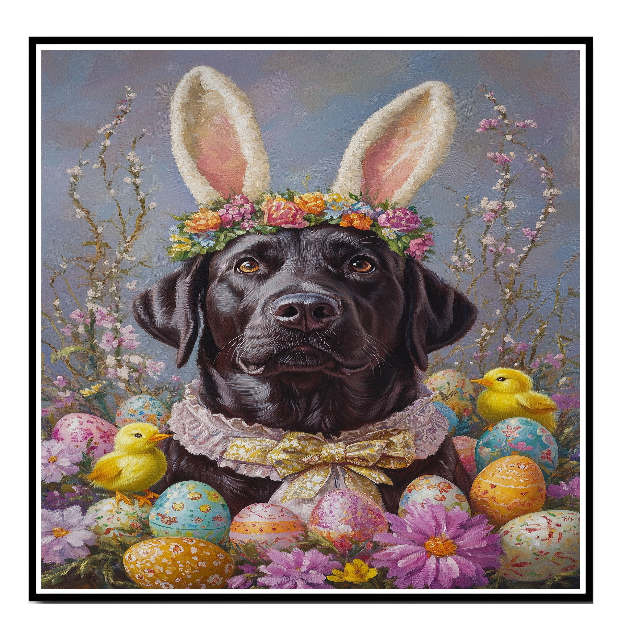 Labrador Retriever Dog in Easter Costume, Cute Pet Art for Spring, Holiday Gift for Dog Lovers, Dog Wall Art on Canvas Wrap, Framed Print, or Rolled Artwork for Living Room or Bedroom
