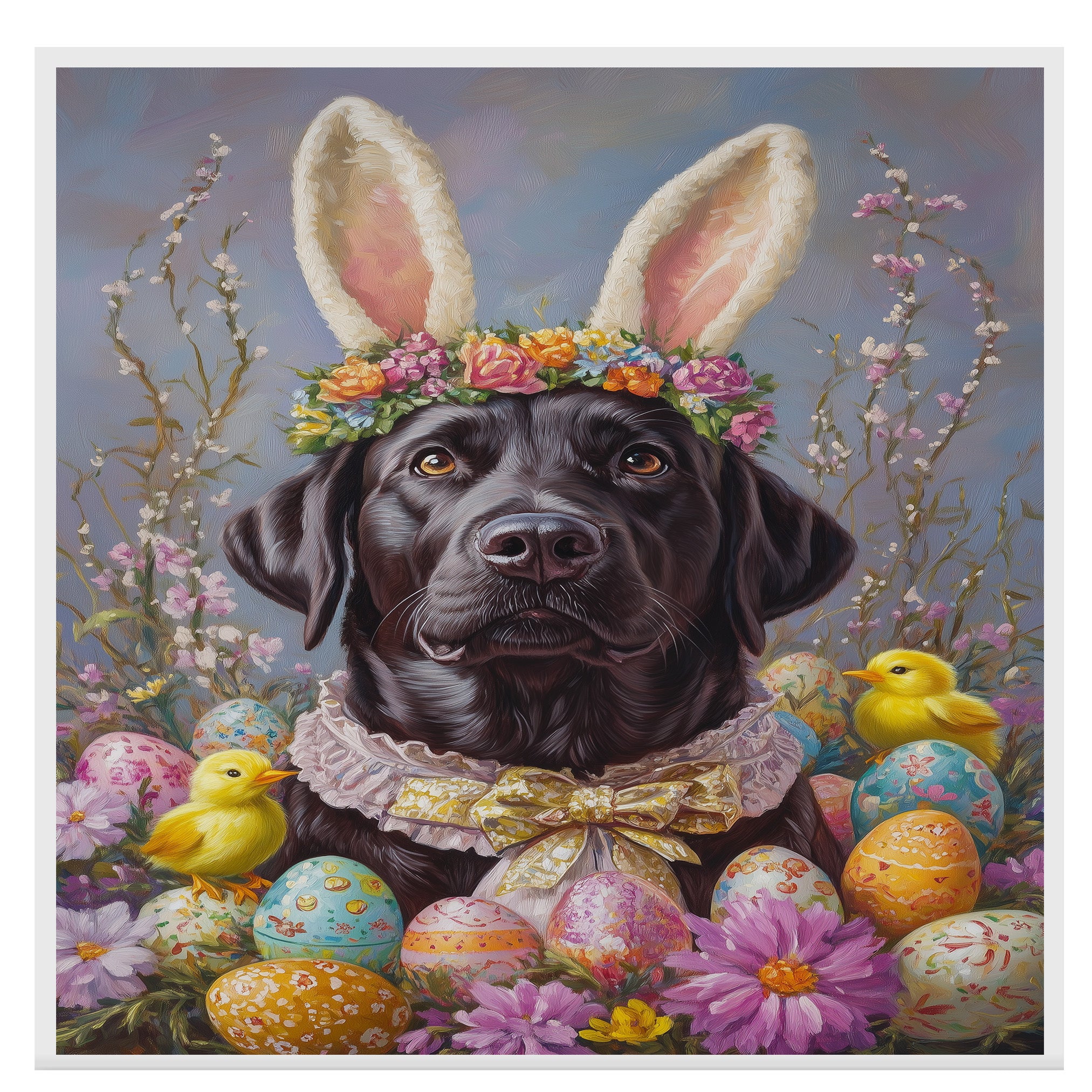 Labrador Retriever Dog in Easter Costume, Cute Pet Art for Spring, Holiday Gift for Dog Lovers, Dog Wall Art on Canvas Wrap, Framed Print, or Rolled Artwork for Living Room or Bedroom