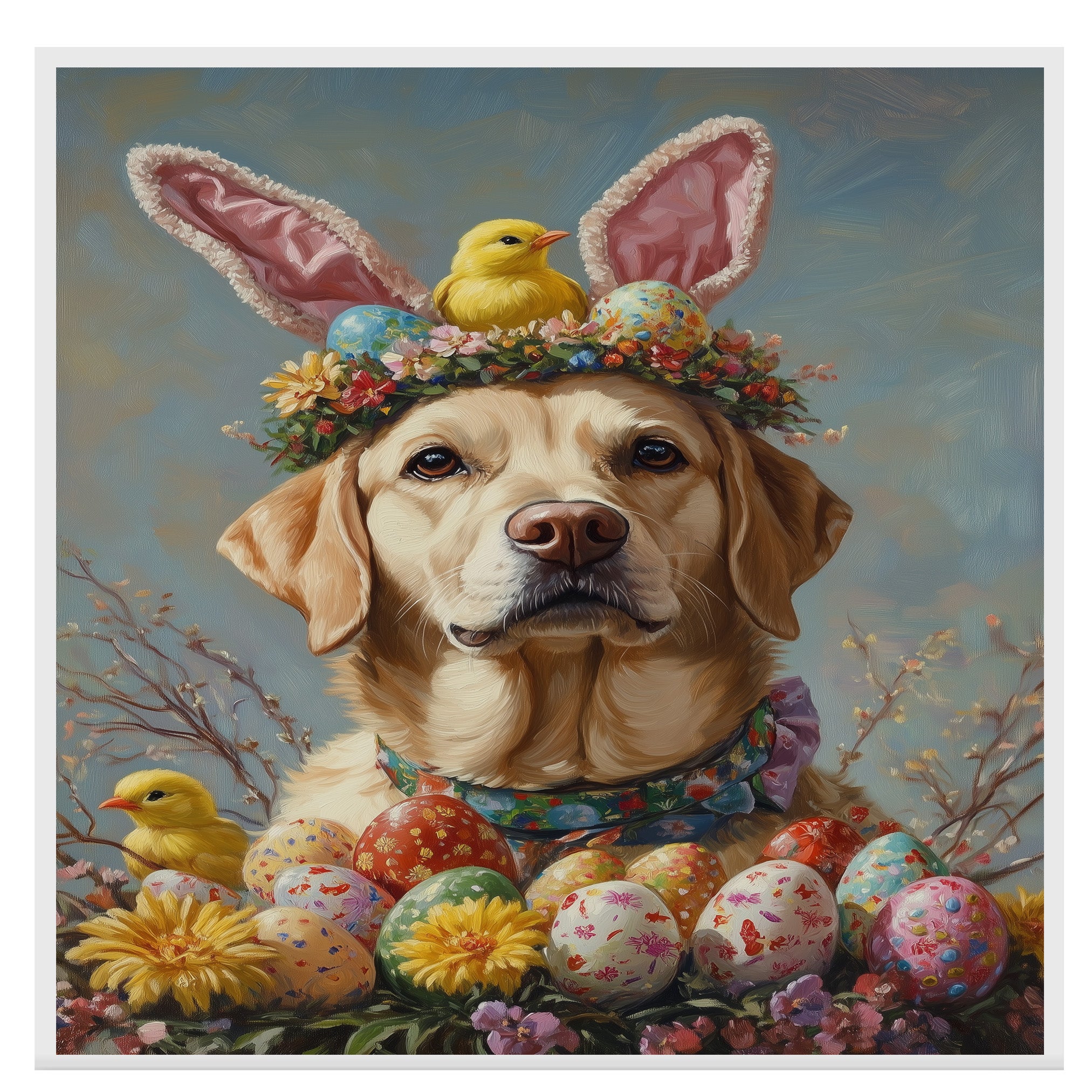 Labrador Retriever in Easter Outfit, Cute Dog Art for Spring, Perfect Easter Gift for Labrador Owners, Dog Wall Art on Canvas Wrap, Framed Print, or Rolled Artwork for Living Room or Bedroom