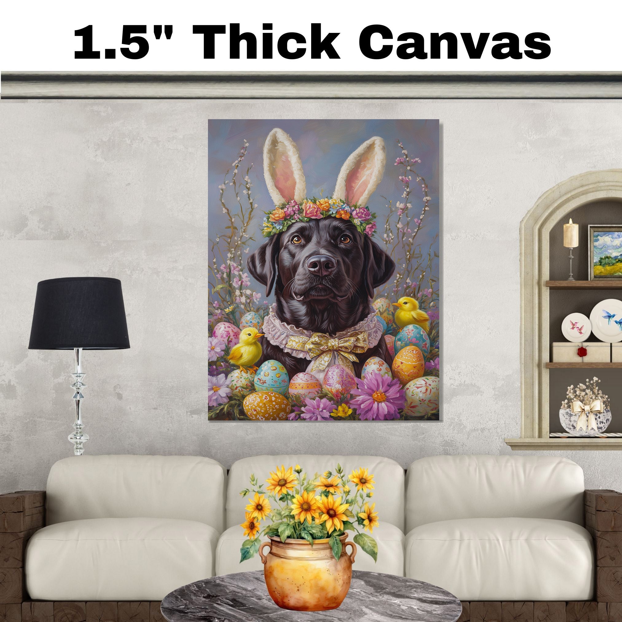 Labrador Retriever Dog in Easter Costume, Cute Pet Art for Spring, Holiday Gift for Dog Lovers, Dog Wall Art on Canvas Wrap, Framed Print, or Rolled Artwork for Living Room or Bedroom