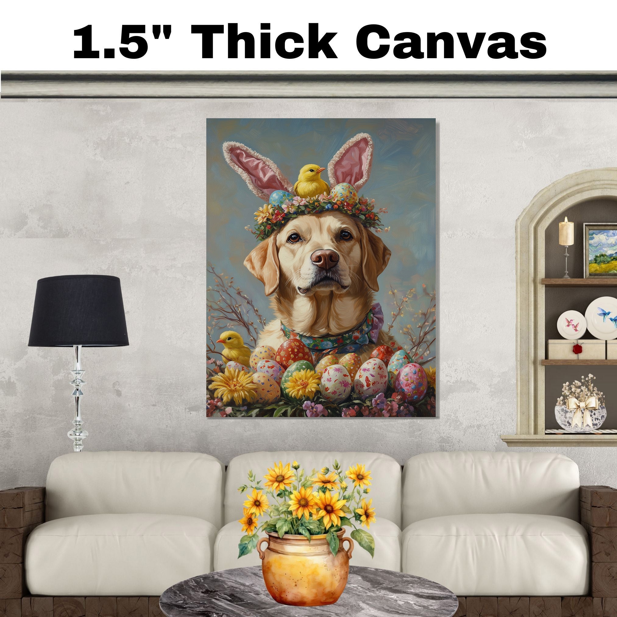 Labrador Retriever in Easter Outfit, Cute Dog Art for Spring, Perfect Easter Gift for Labrador Owners, Dog Wall Art on Canvas Wrap, Framed Print, or Rolled Artwork for Living Room or Bedroom