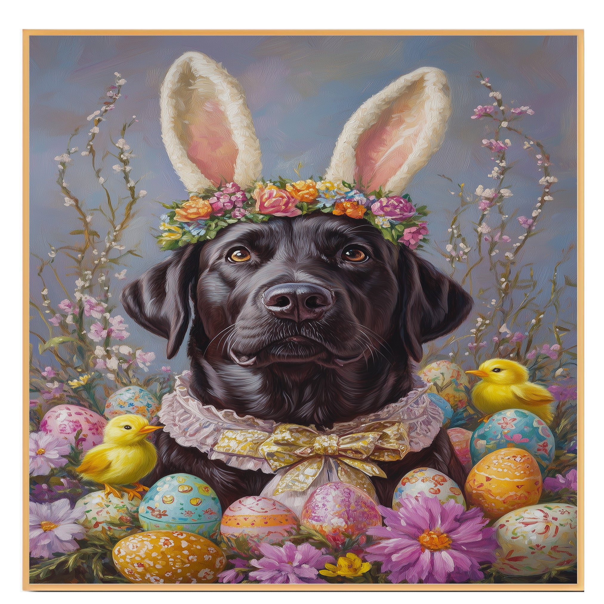 Labrador Retriever Dog in Easter Costume, Cute Pet Art for Spring, Holiday Gift for Dog Lovers, Dog Wall Art on Canvas Wrap, Framed Print, or Rolled Artwork for Living Room or Bedroom