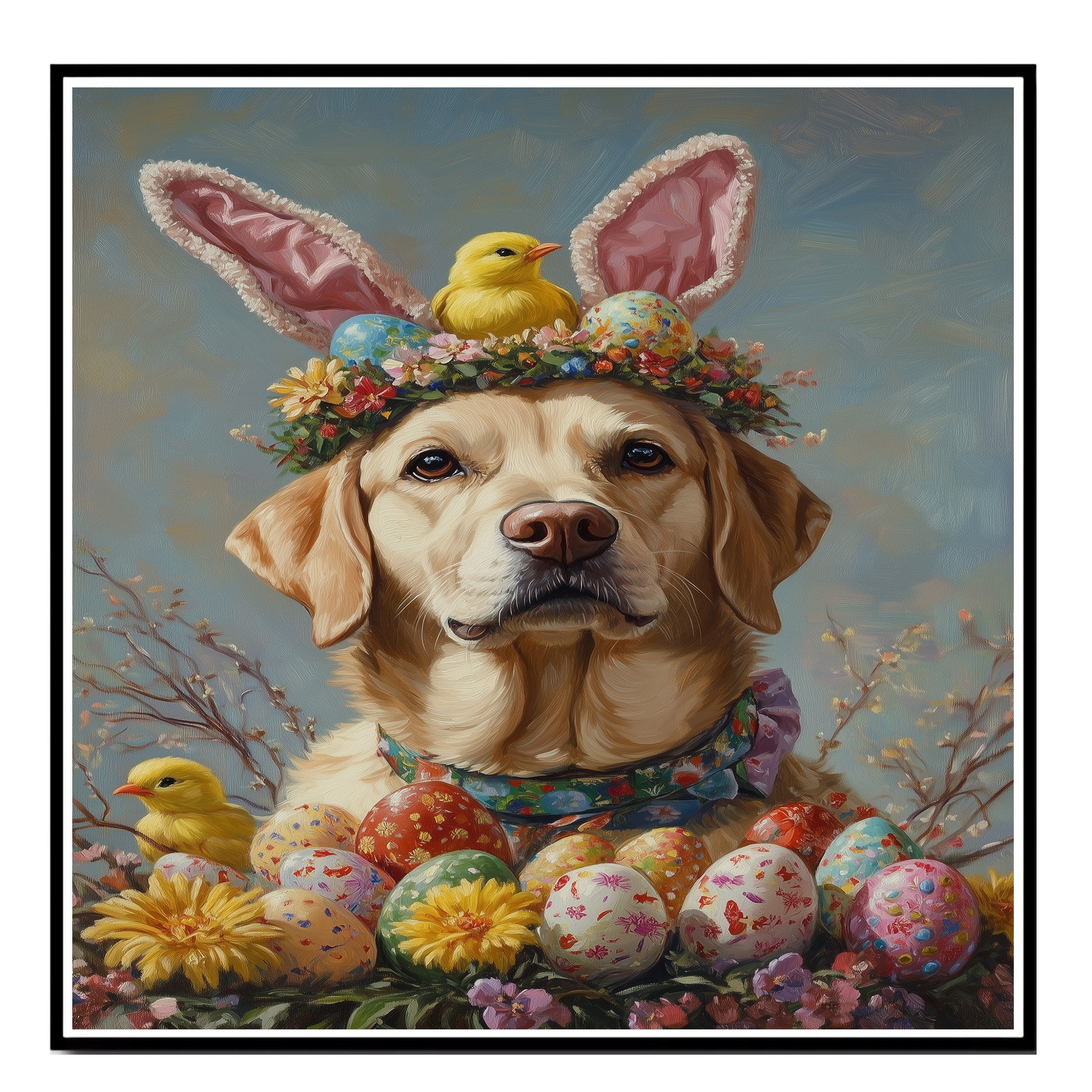 Labrador Retriever in Easter Outfit, Cute Dog Art for Spring, Perfect Easter Gift for Labrador Owners, Dog Wall Art on Canvas Wrap, Framed Print, or Rolled Artwork for Living Room or Bedroom