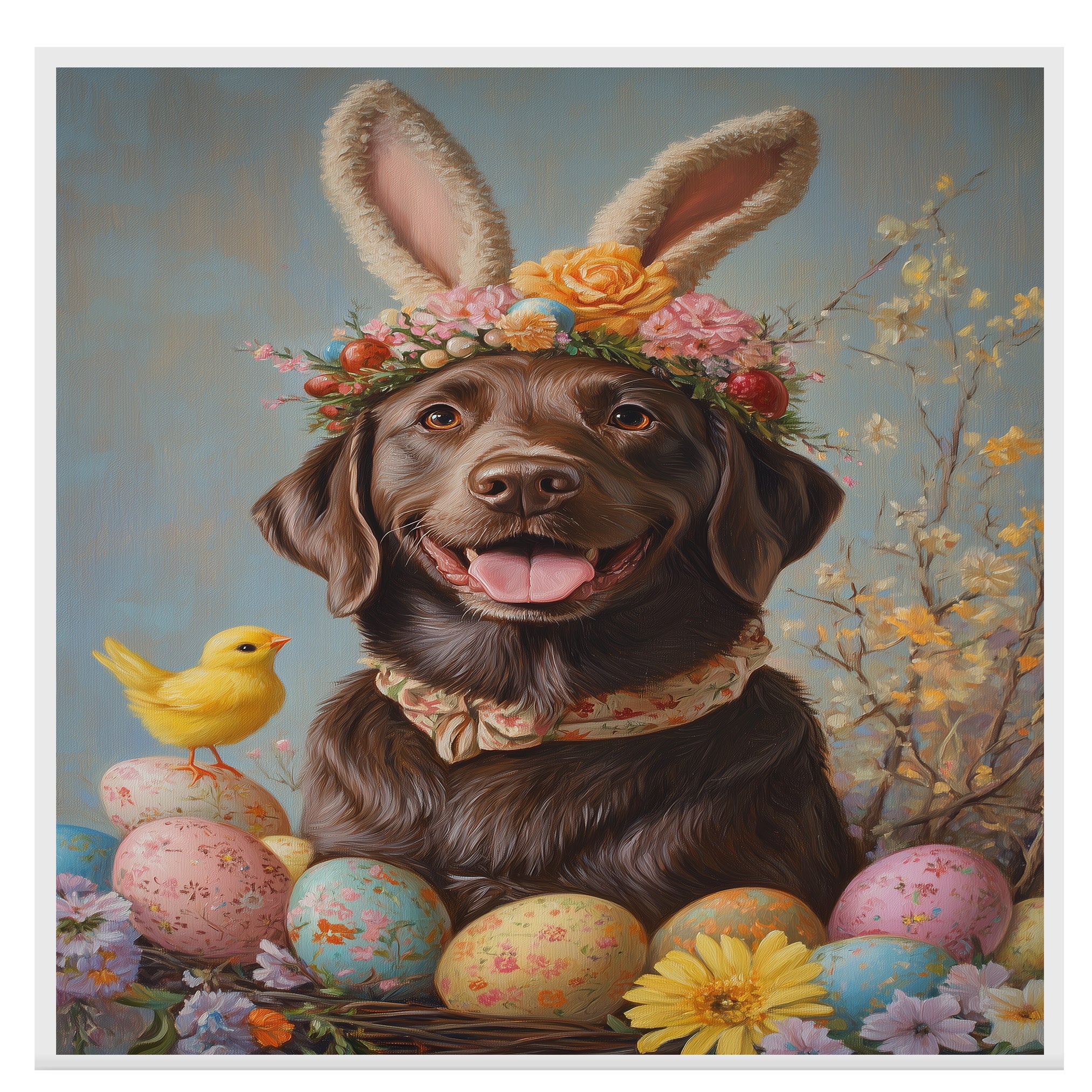 Labrador Retriever in Easter Outfit, Sweet Spring Art for Dog Lovers, Holiday Gift for Labrador Owners, Dog Wall Art on Canvas Wrap, Framed Print, or Rolled Artwork for Bedroom or Living Room