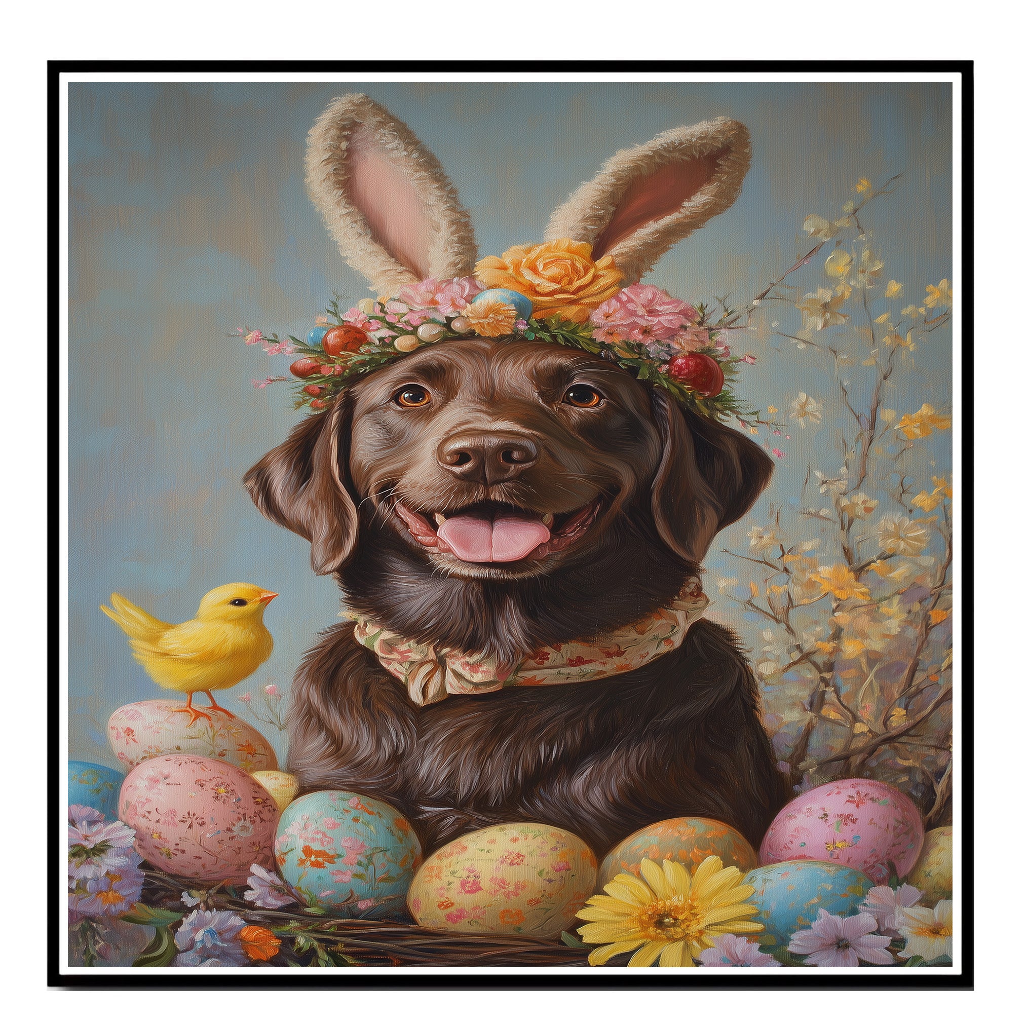Labrador Retriever in Easter Outfit, Sweet Spring Art for Dog Lovers, Holiday Gift for Labrador Owners, Dog Wall Art on Canvas Wrap, Framed Print, or Rolled Artwork for Bedroom or Living Room