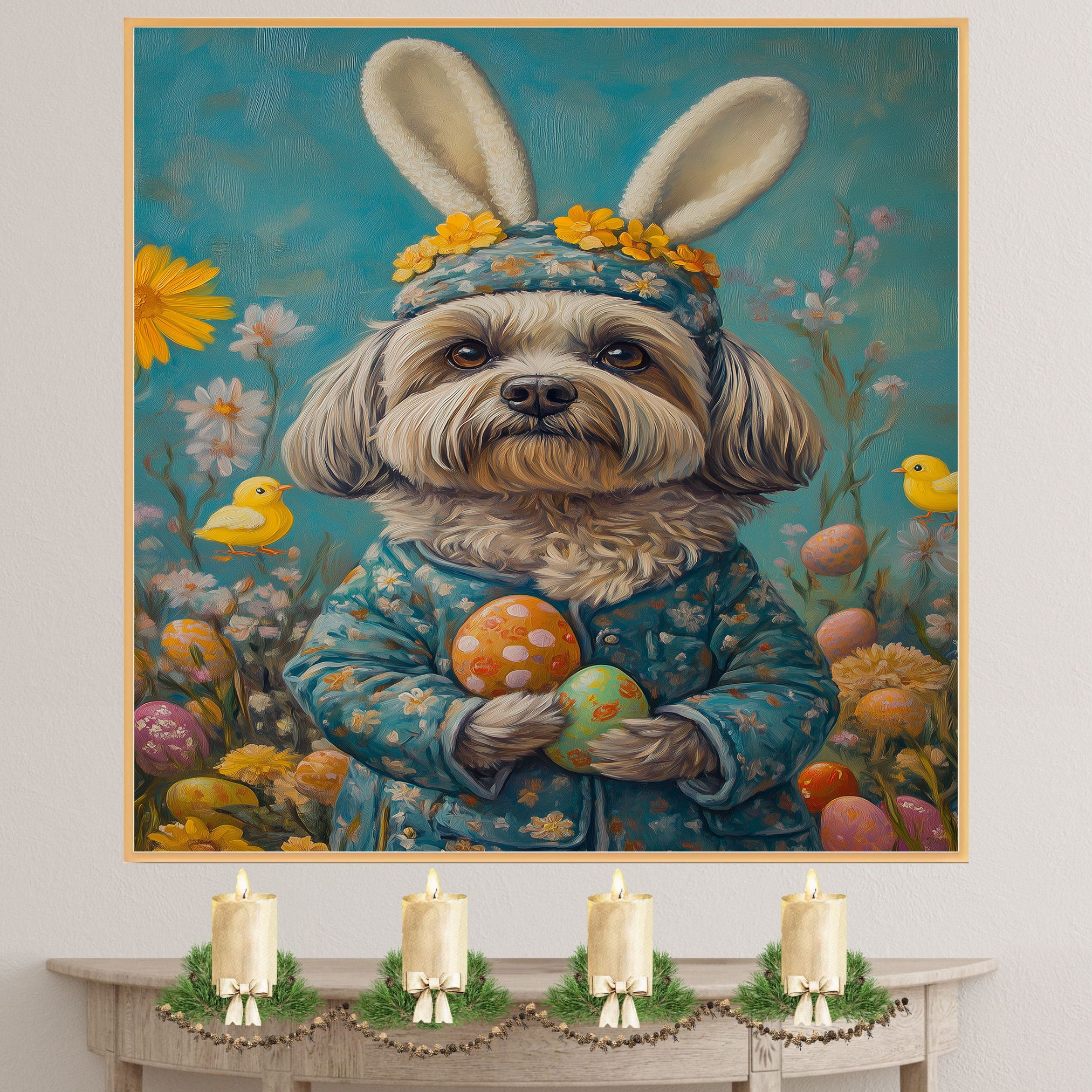 Lhasa Apso in Easter Outfit, Cute Pet Art for Spring, Perfect Gift for Lhasa Apso Lovers, Dog Wall Art on Canvas Wrap, Framed Print, or Rolled Artwork for Living Room or Bedroom