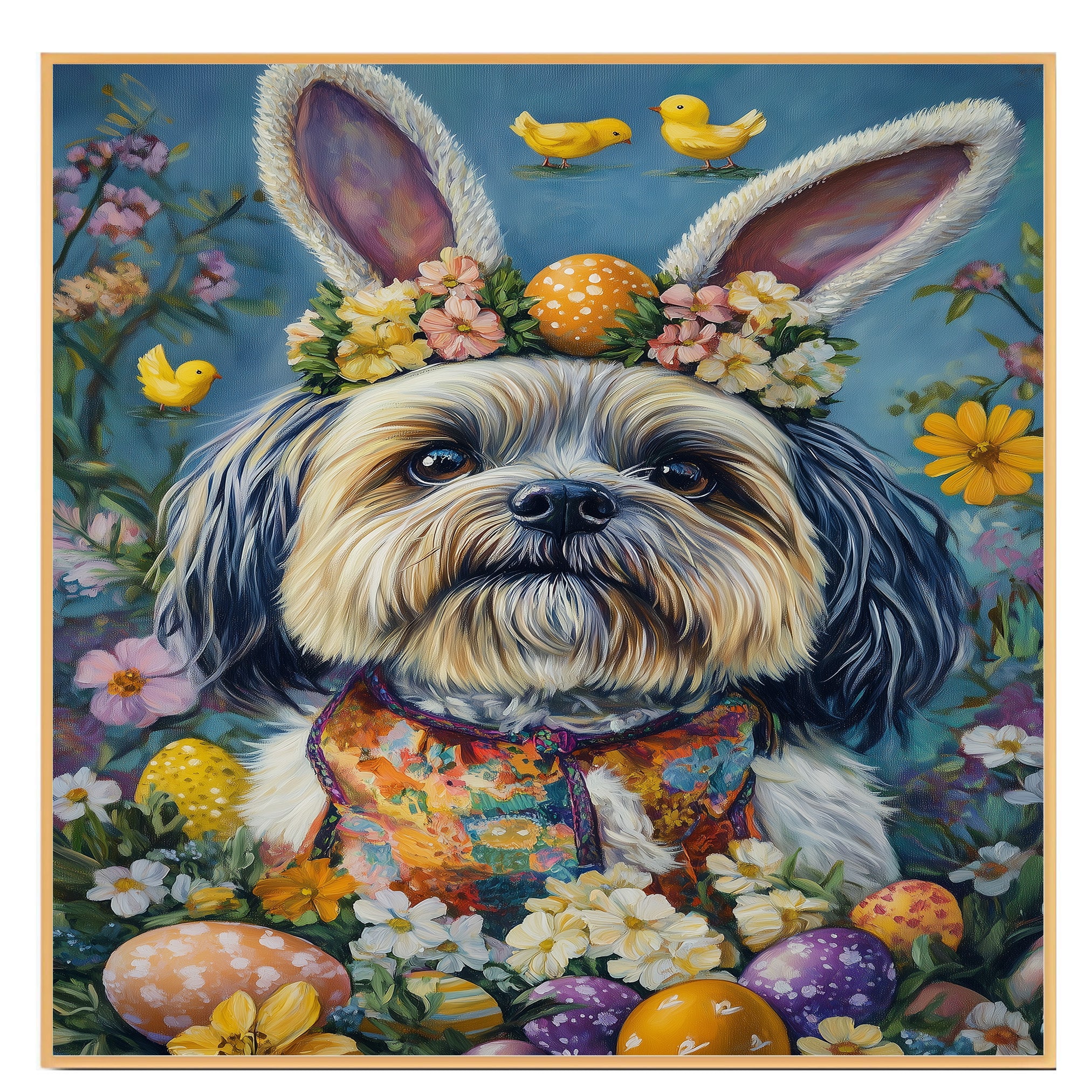 Lhasa Apso Dog in Easter Costume, Adorable Spring Art for Dog Lovers, Holiday Gift for Lhasa Apso Owners, Dog Wall Art on Canvas Wrap, Framed Print, or Rolled Artwork for Living Room or Bedroom