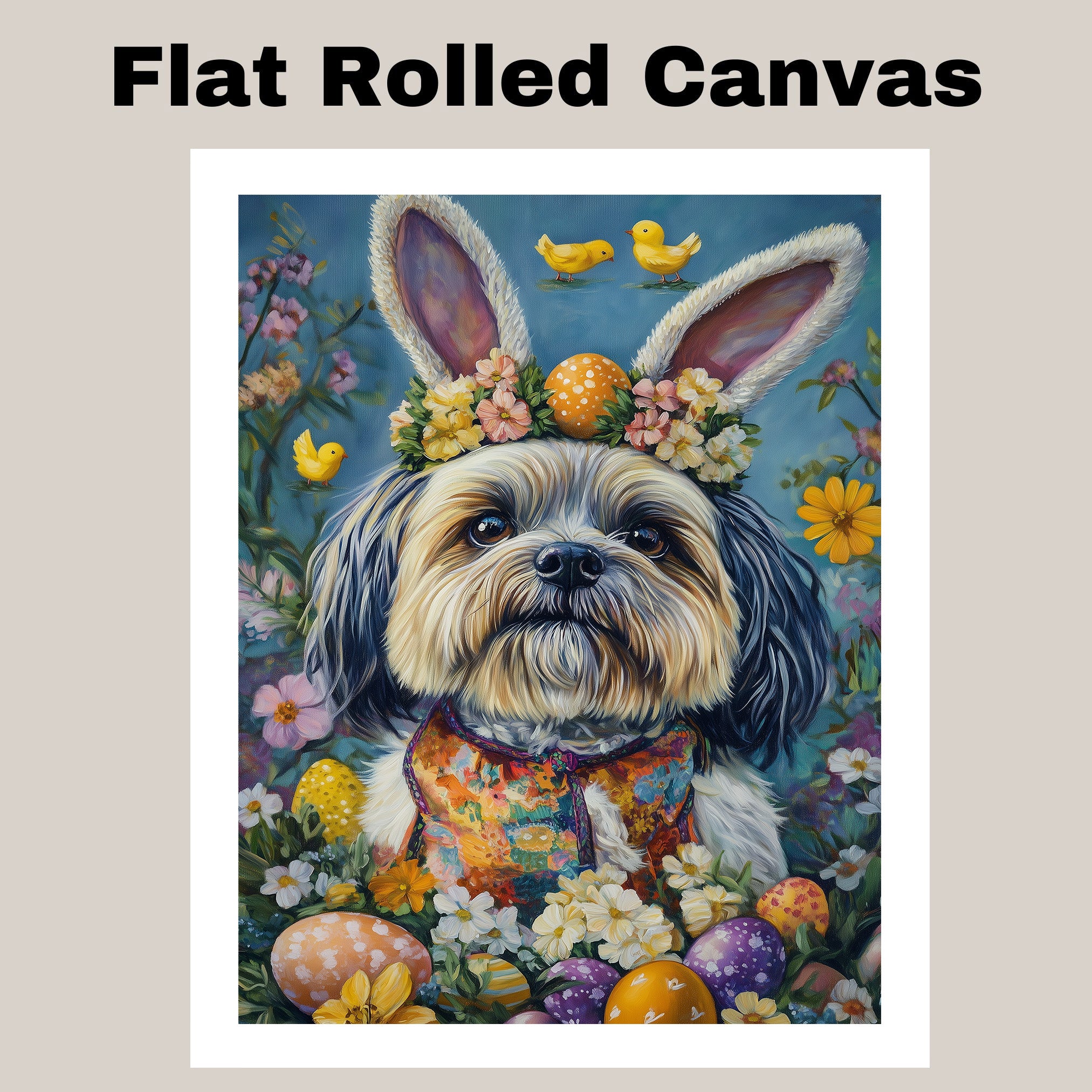 Lhasa Apso Dog in Easter Costume, Adorable Spring Art for Dog Lovers, Holiday Gift for Lhasa Apso Owners, Dog Wall Art on Canvas Wrap, Framed Print, or Rolled Artwork for Living Room or Bedroom
