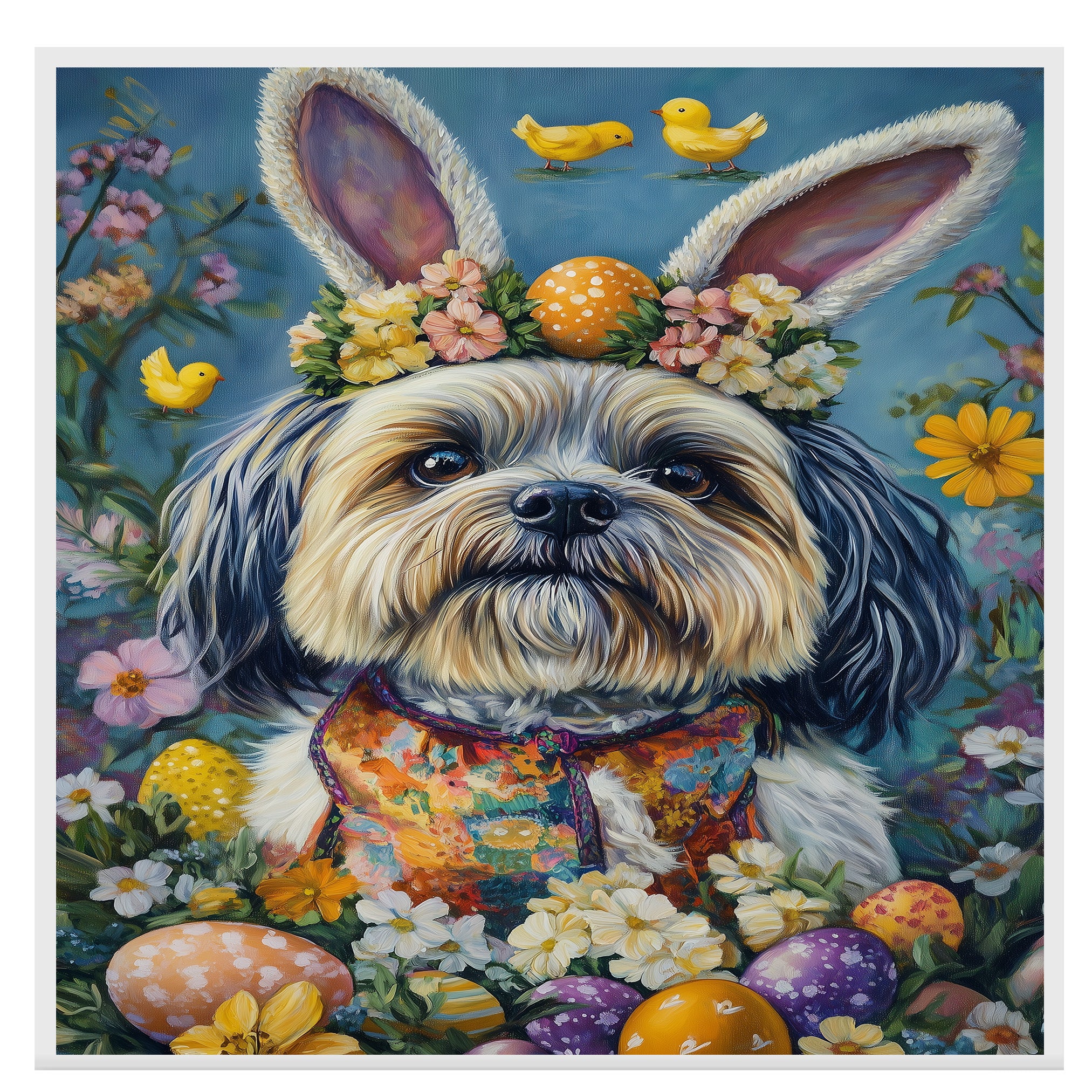Lhasa Apso Dog in Easter Costume, Adorable Spring Art for Dog Lovers, Holiday Gift for Lhasa Apso Owners, Dog Wall Art on Canvas Wrap, Framed Print, or Rolled Artwork for Living Room or Bedroom