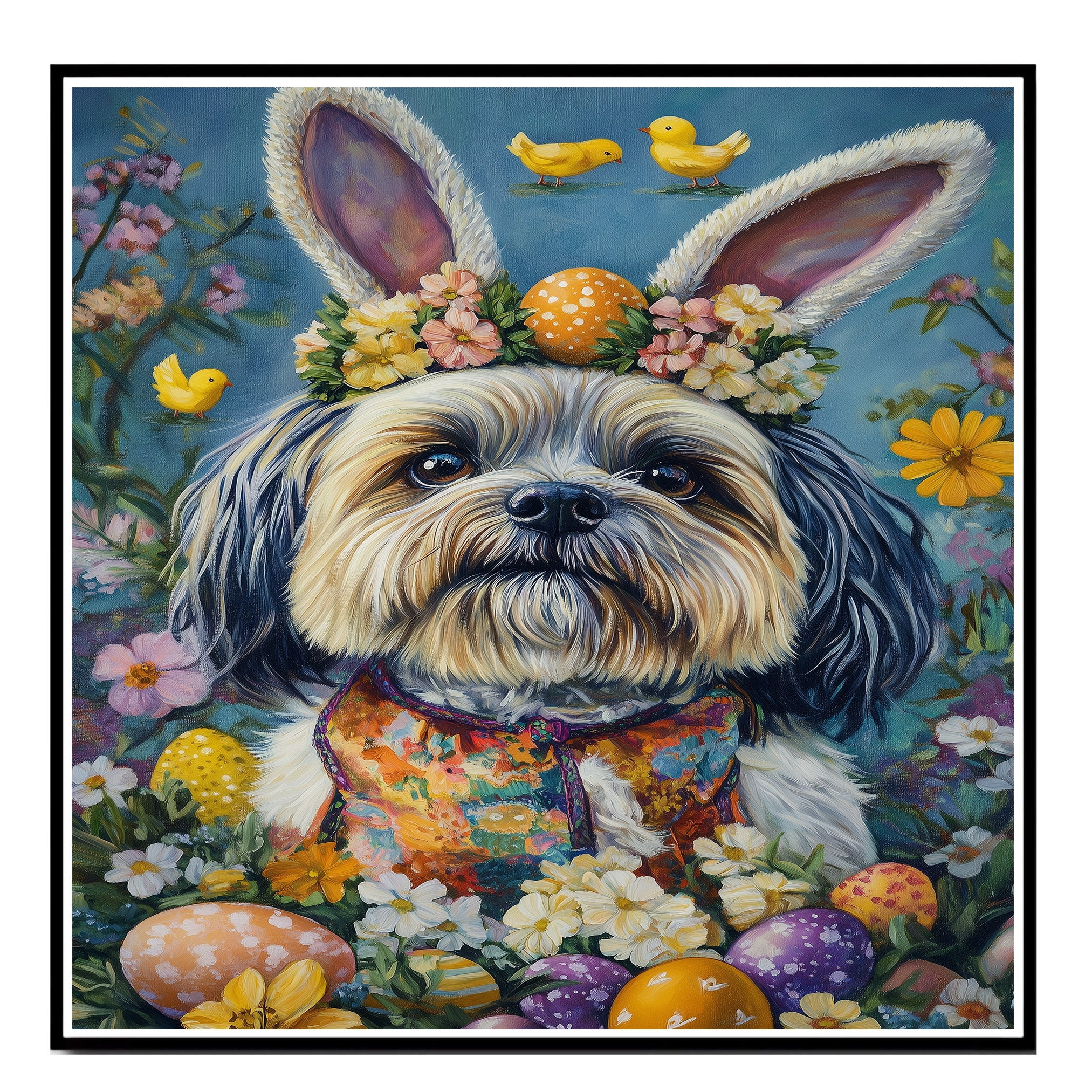Lhasa Apso Dog in Easter Costume, Adorable Spring Art for Dog Lovers, Holiday Gift for Lhasa Apso Owners, Dog Wall Art on Canvas Wrap, Framed Print, or Rolled Artwork for Living Room or Bedroom