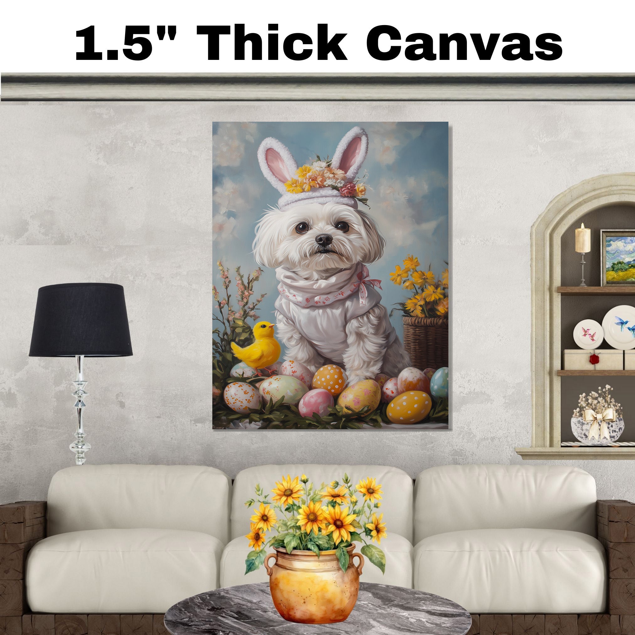 Maltese Dog in Easter Costume, Adorable Spring Art for Dog Lovers, Easter Holiday Gift for Maltese Owners, Dog Wall Art on Canvas Wrap, Framed Print, or Rolled Artwork for Living Room or Bedroom