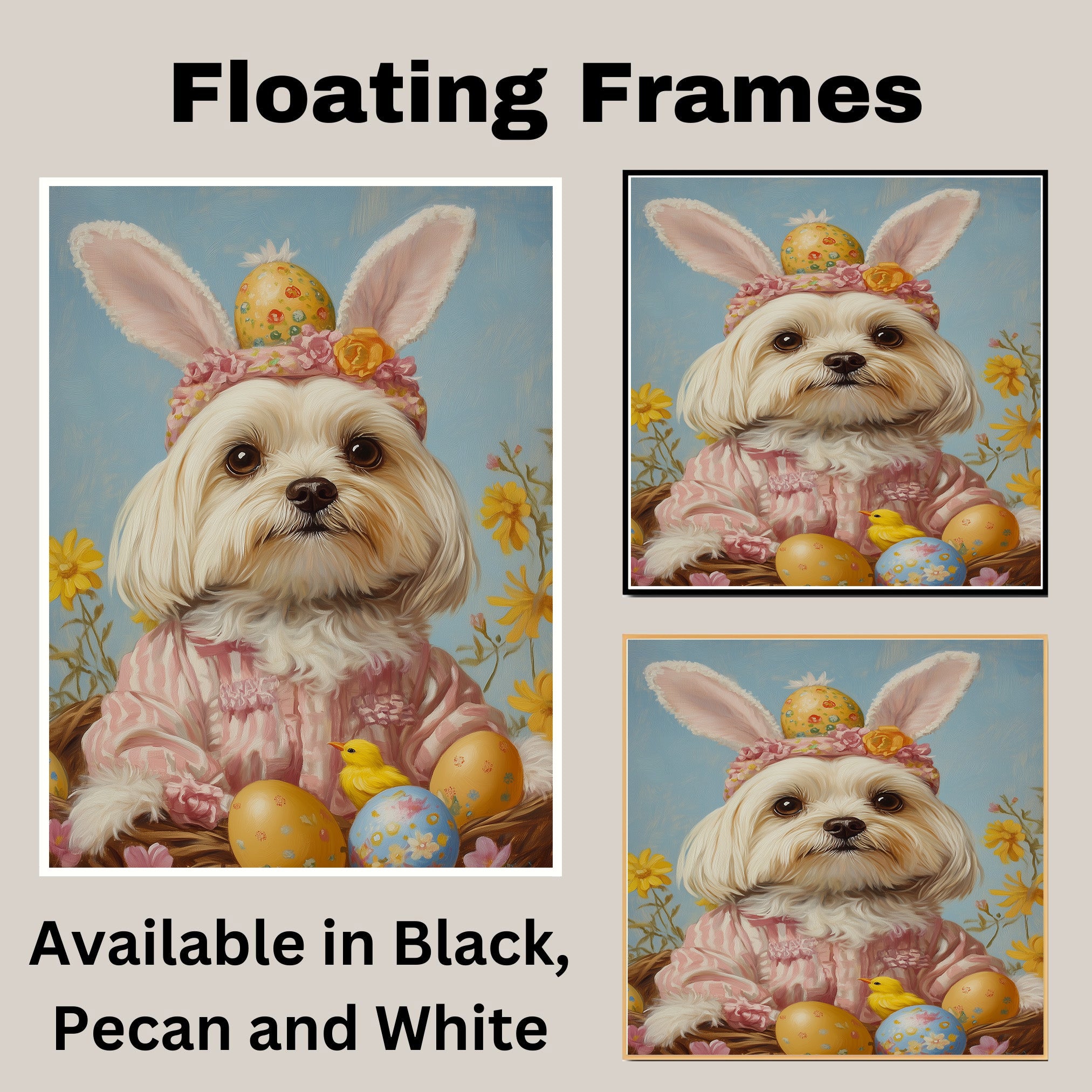 Maltese Dog in Easter Outfit, Cute Spring Art for Dog Lovers, Perfect Gift for Maltese Owners, Dog Wall Art on Canvas Wrap, Framed Print, or Rolled Artwork for Living Room or Bedroom