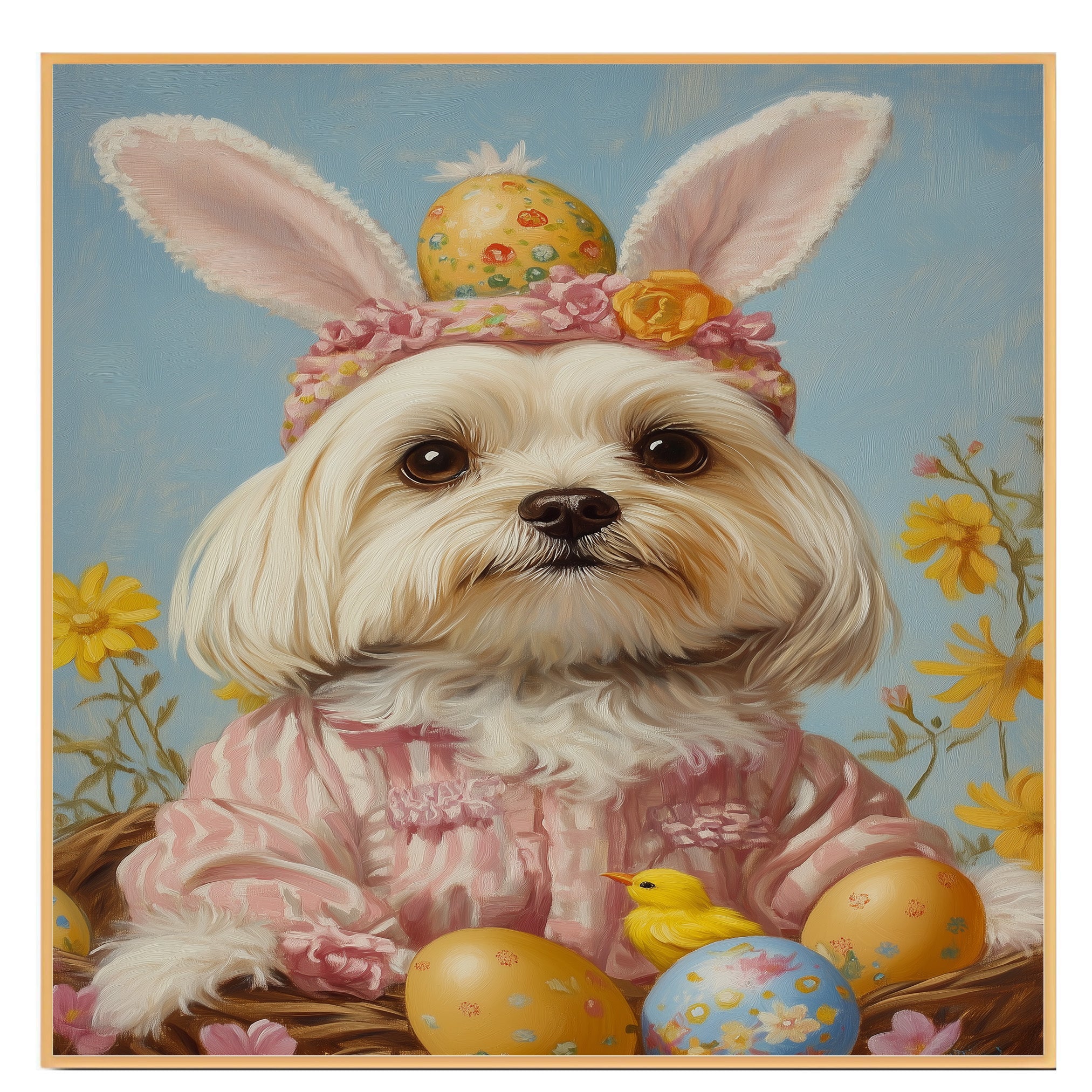 Maltese Dog in Easter Outfit, Cute Spring Art for Dog Lovers, Perfect Gift for Maltese Owners, Dog Wall Art on Canvas Wrap, Framed Print, or Rolled Artwork for Living Room or Bedroom