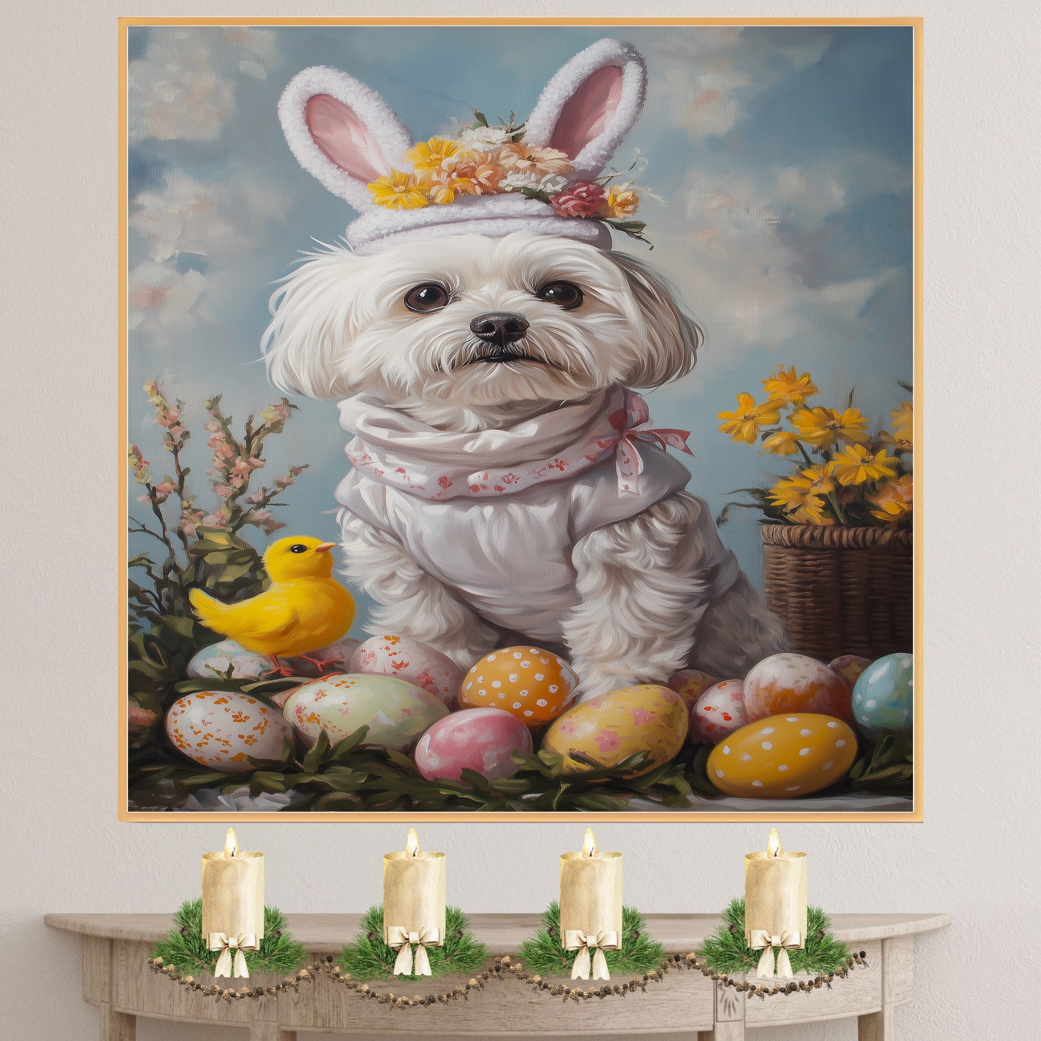 Maltese Dog in Easter Costume, Adorable Spring Art for Dog Lovers, Easter Holiday Gift for Maltese Owners, Dog Wall Art on Canvas Wrap, Framed Print, or Rolled Artwork for Living Room or Bedroom