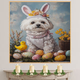 Maltese Dog in Easter Costume, Adorable Spring Art for Dog Lovers, Easter Holiday Gift for Maltese Owners, Dog Wall Art on Canvas Wrap, Framed Print, or Rolled Artwork for Living Room or Bedroom