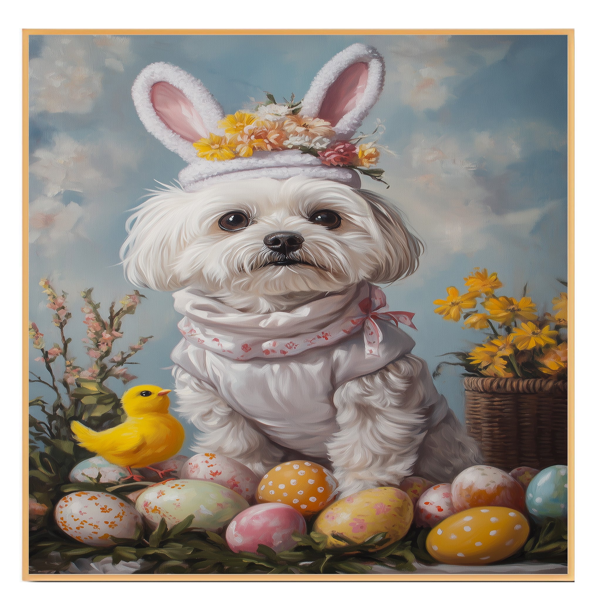 Maltese Dog in Easter Costume, Adorable Spring Art for Dog Lovers, Easter Holiday Gift for Maltese Owners, Dog Wall Art on Canvas Wrap, Framed Print, or Rolled Artwork for Living Room or Bedroom