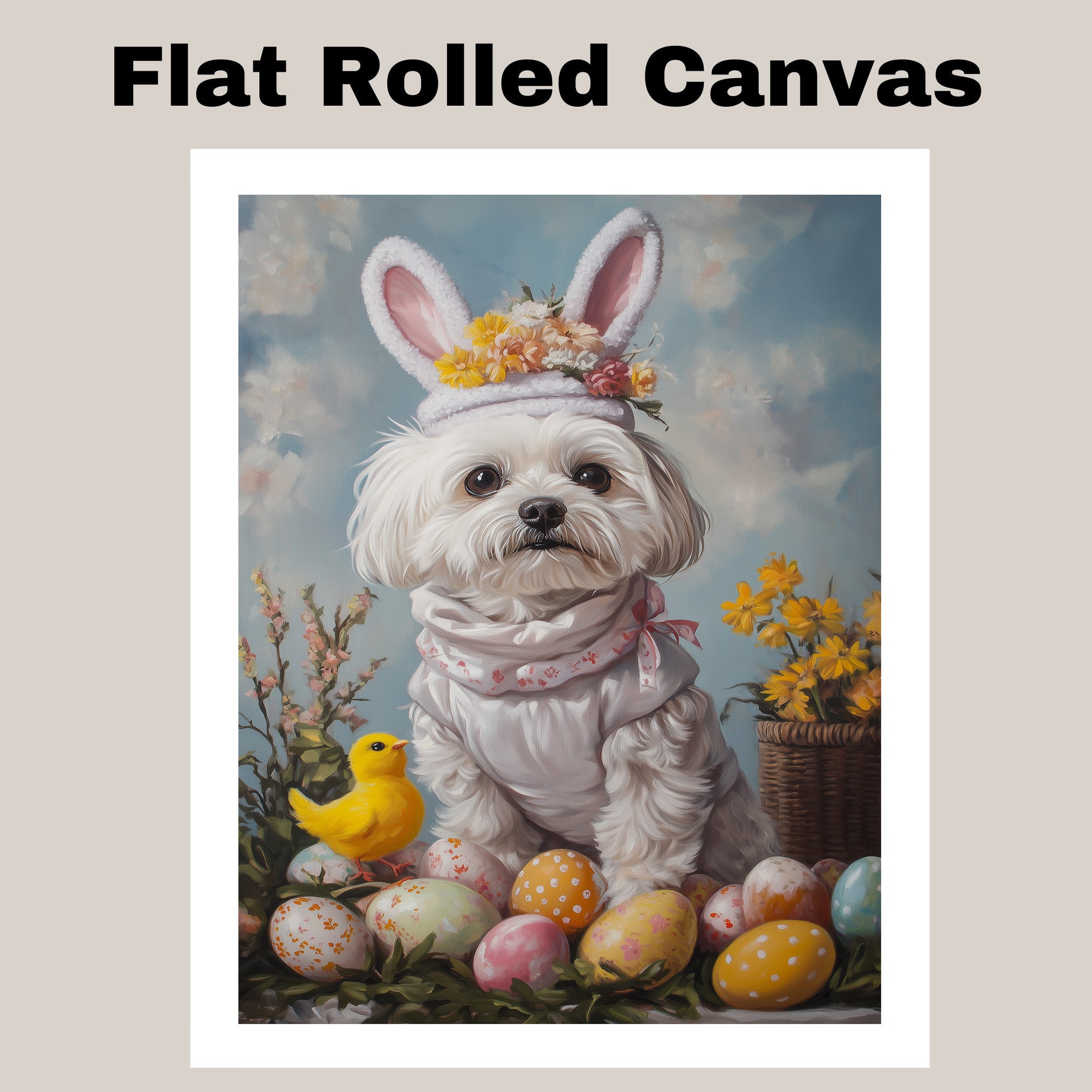 Maltese Dog in Easter Costume, Adorable Spring Art for Dog Lovers, Easter Holiday Gift for Maltese Owners, Dog Wall Art on Canvas Wrap, Framed Print, or Rolled Artwork for Living Room or Bedroom