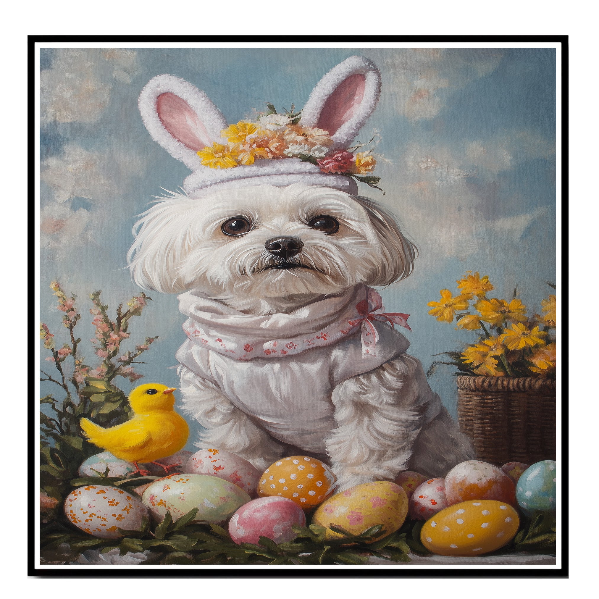 Maltese Dog in Easter Costume, Adorable Spring Art for Dog Lovers, Easter Holiday Gift for Maltese Owners, Dog Wall Art on Canvas Wrap, Framed Print, or Rolled Artwork for Living Room or Bedroom