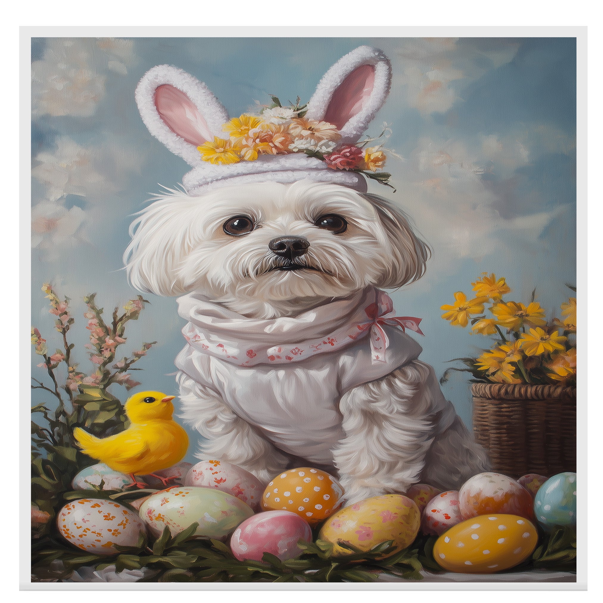 Maltese Dog in Easter Costume, Adorable Spring Art for Dog Lovers, Easter Holiday Gift for Maltese Owners, Dog Wall Art on Canvas Wrap, Framed Print, or Rolled Artwork for Living Room or Bedroom