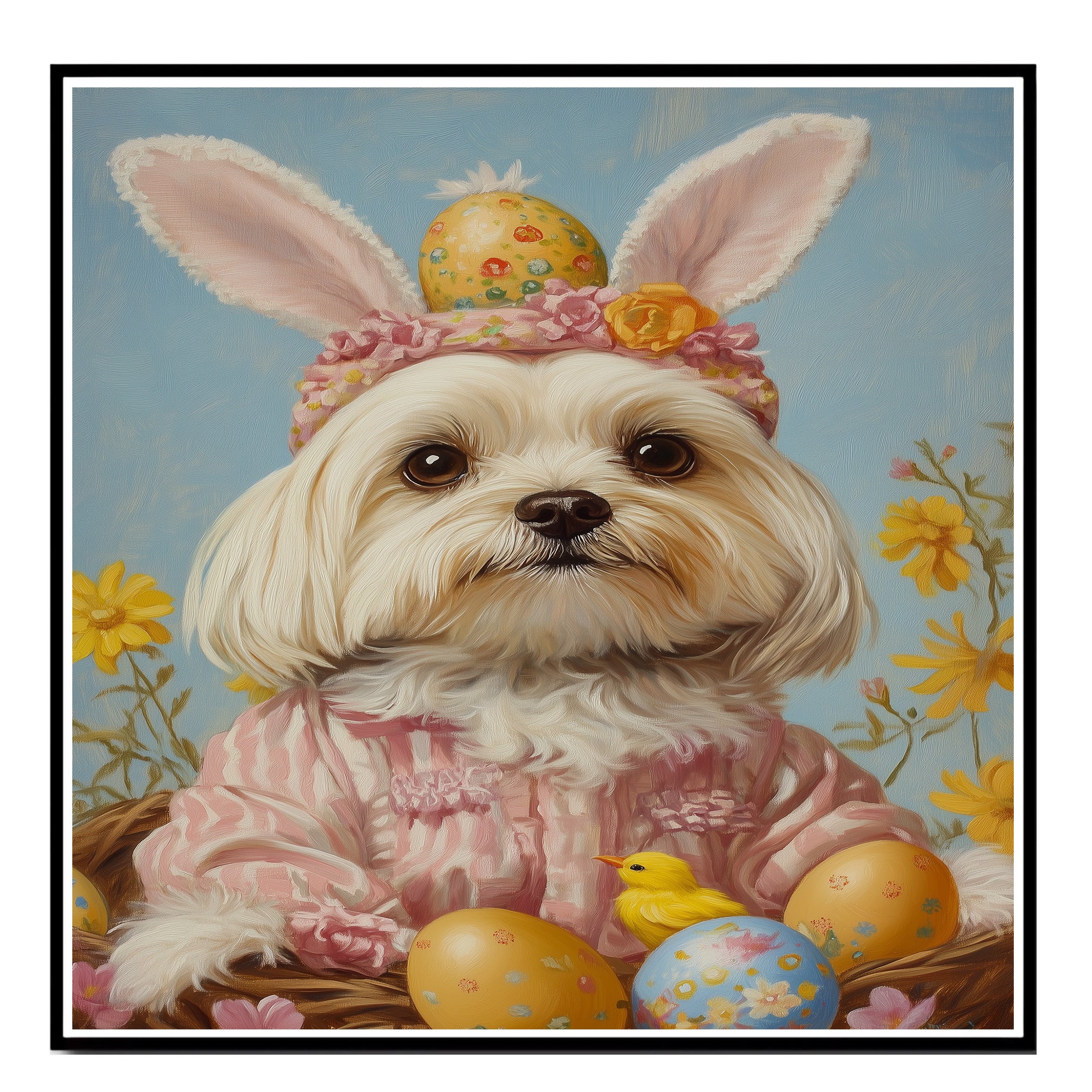 Maltese Dog in Easter Outfit, Cute Spring Art for Dog Lovers, Perfect Gift for Maltese Owners, Dog Wall Art on Canvas Wrap, Framed Print, or Rolled Artwork for Living Room or Bedroom