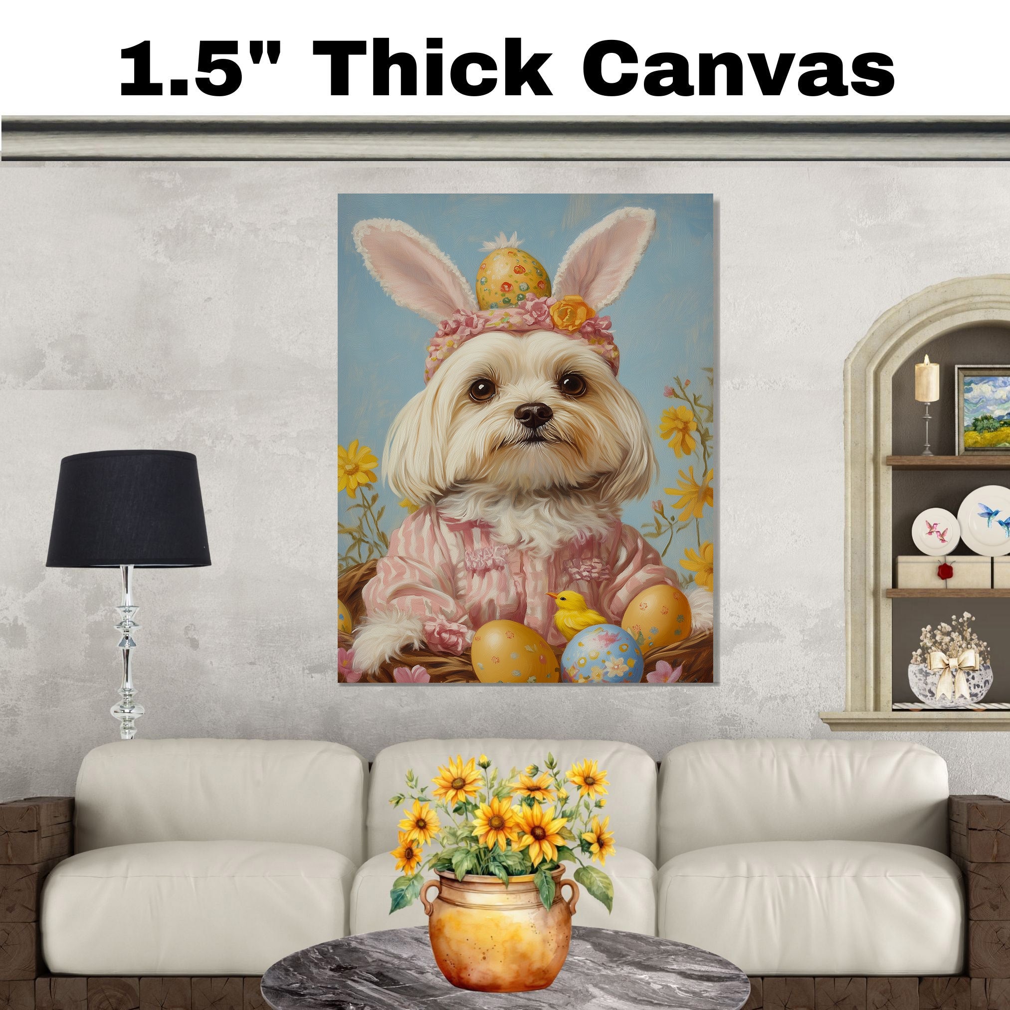 Maltese Dog in Easter Outfit, Cute Spring Art for Dog Lovers, Perfect Gift for Maltese Owners, Dog Wall Art on Canvas Wrap, Framed Print, or Rolled Artwork for Living Room or Bedroom