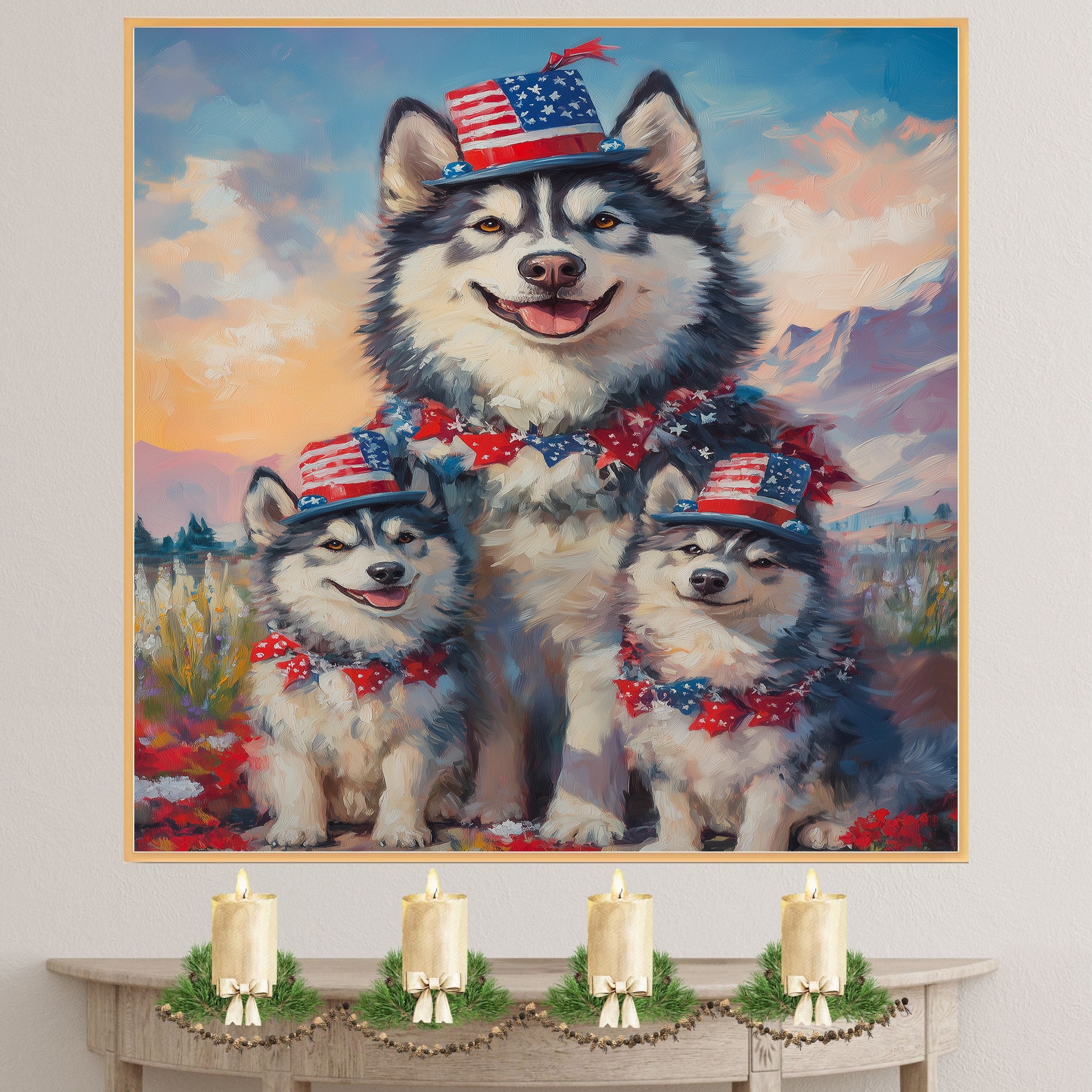 Alaskan Malamute Mom and Puppies in Patriotic Hats and Bows with Star Garland and Mountain Sunset Background on Ready to Hang 1.5" Thick Canvas Wrap, Floating Framed Canvas, Flat Rolled Canvas