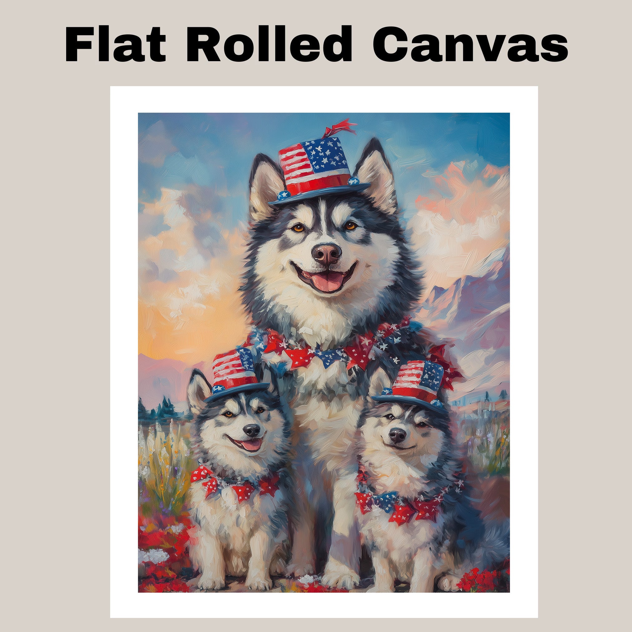 Alaskan Malamute Mom and Puppies in Patriotic Hats and Bows with Star Garland and Mountain Sunset Background on Ready to Hang 1.5" Thick Canvas Wrap, Floating Framed Canvas, Flat Rolled Canvas