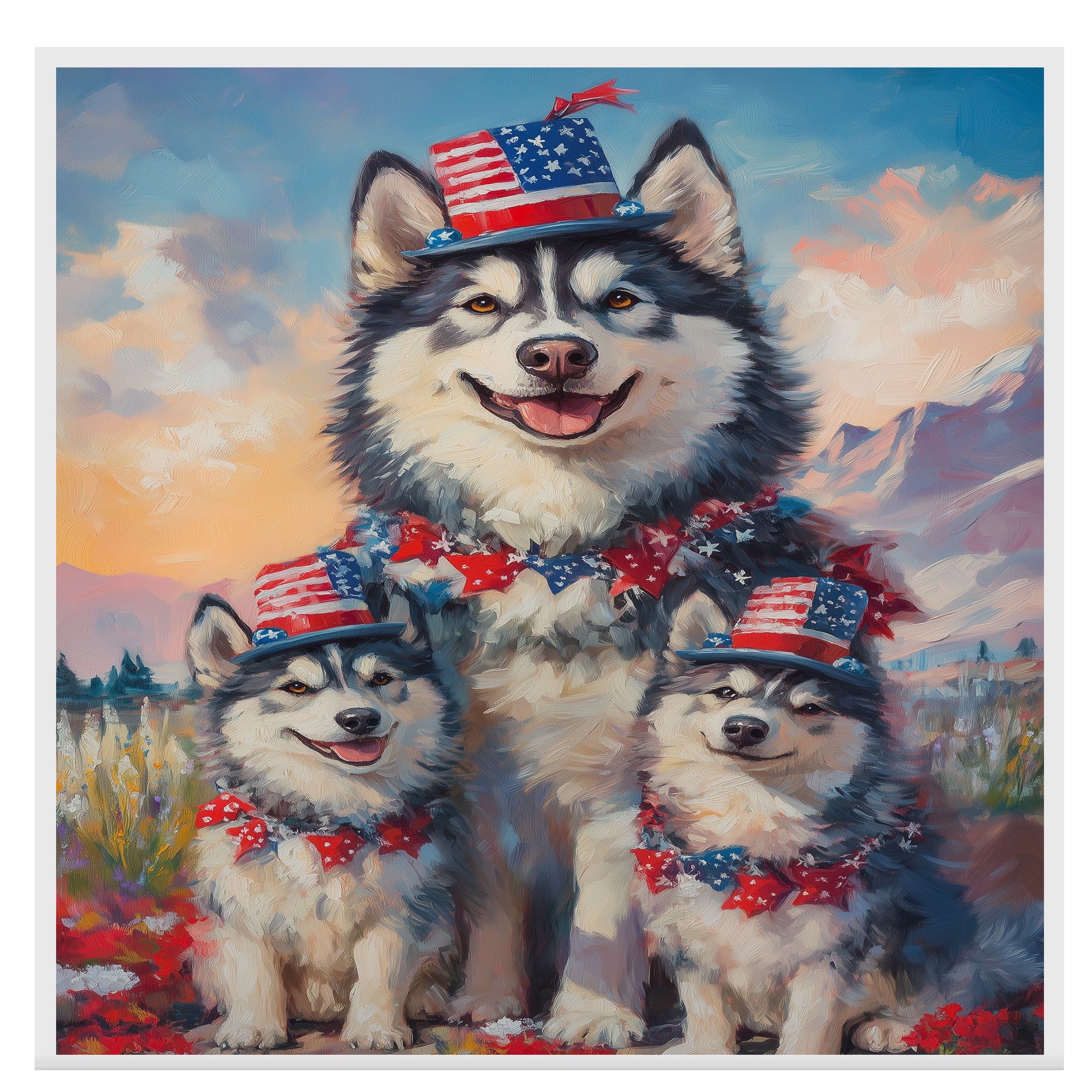 Alaskan Malamute Mom and Puppies in Patriotic Hats and Bows with Star Garland and Mountain Sunset Background on Ready to Hang 1.5" Thick Canvas Wrap, Floating Framed Canvas, Flat Rolled Canvas