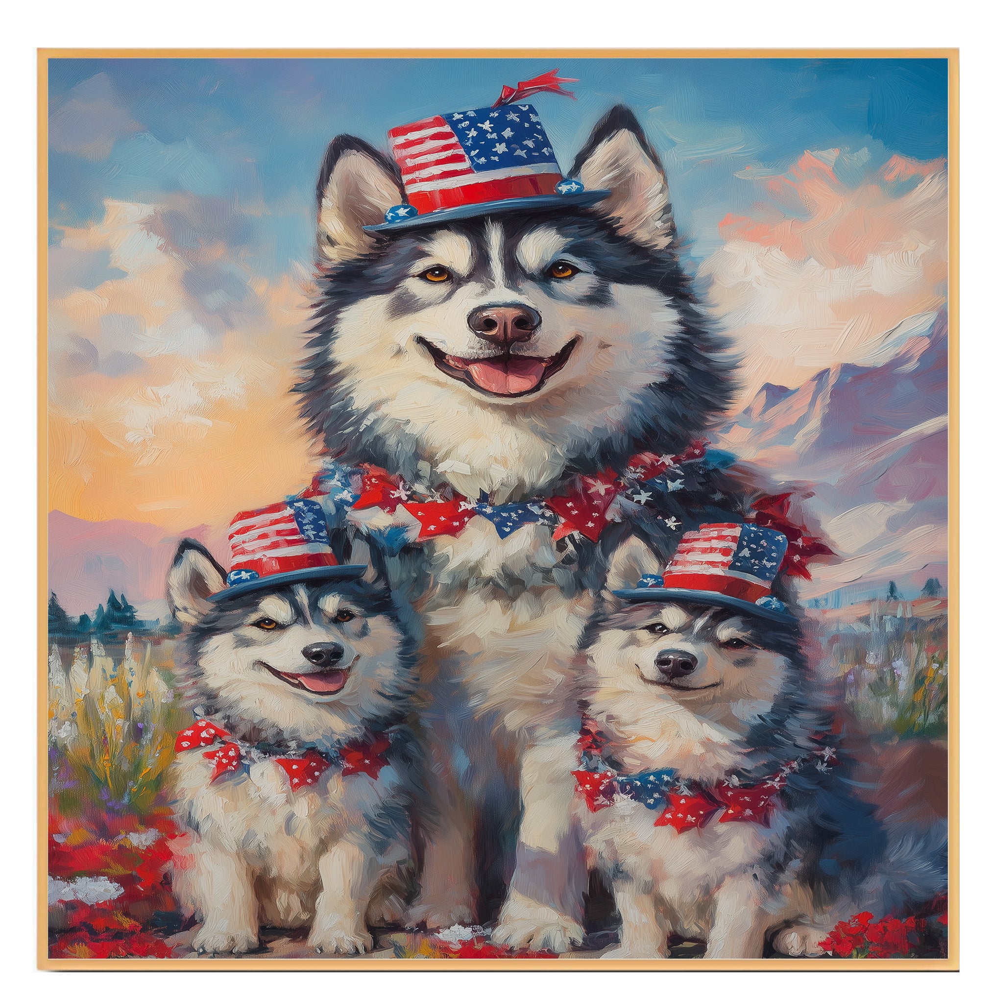 Alaskan Malamute Mom and Puppies in Patriotic Hats and Bows with Star Garland and Mountain Sunset Background on Ready to Hang 1.5" Thick Canvas Wrap, Floating Framed Canvas, Flat Rolled Canvas