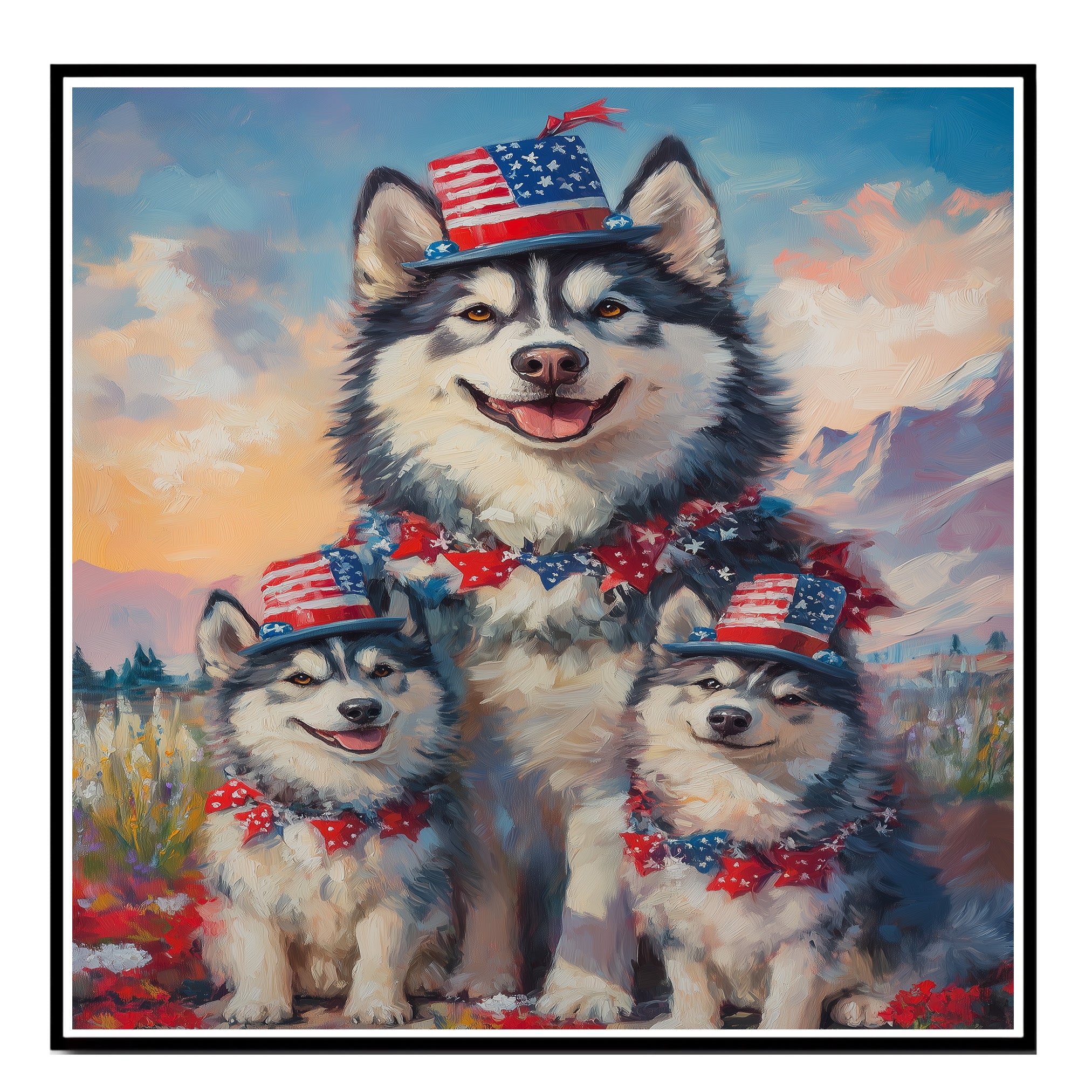Alaskan Malamute Mom and Puppies in Patriotic Hats and Bows with Star Garland and Mountain Sunset Background on Ready to Hang 1.5" Thick Canvas Wrap, Floating Framed Canvas, Flat Rolled Canvas
