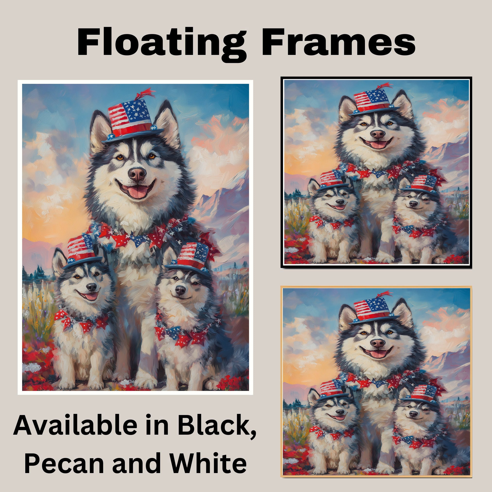 Alaskan Malamute Mom and Puppies in Patriotic Hats and Bows with Star Garland and Mountain Sunset Background on Ready to Hang 1.5" Thick Canvas Wrap, Floating Framed Canvas, Flat Rolled Canvas