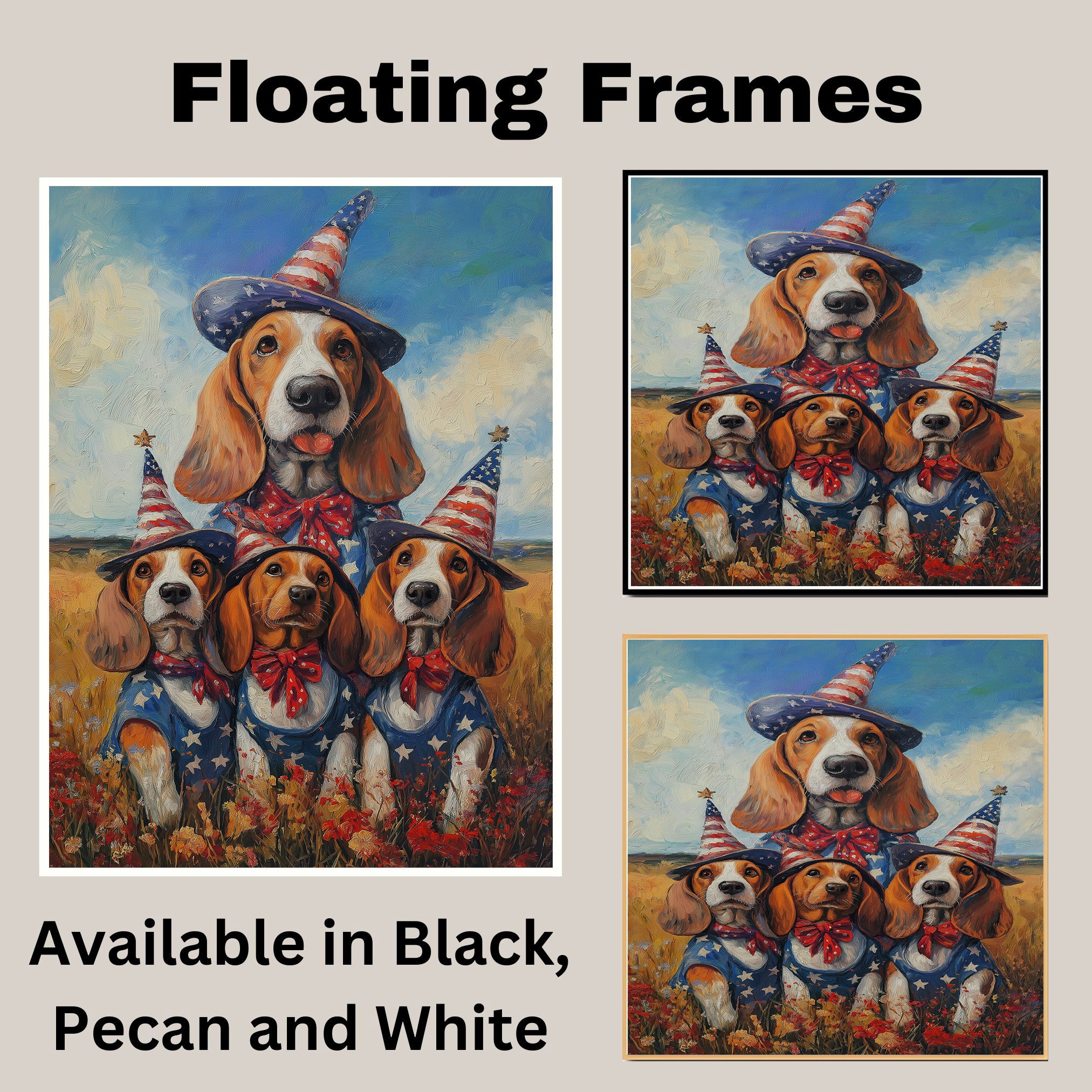 Basset Hound Mom and Puppies in Patriotic Outfits with Party Hats in Wildflower Field Under Blue Sky Oil Painting on Ready to Hang 1.5" Thick Canvas Wrap, Floating Framed Canvas, Flat Rolled Canvas