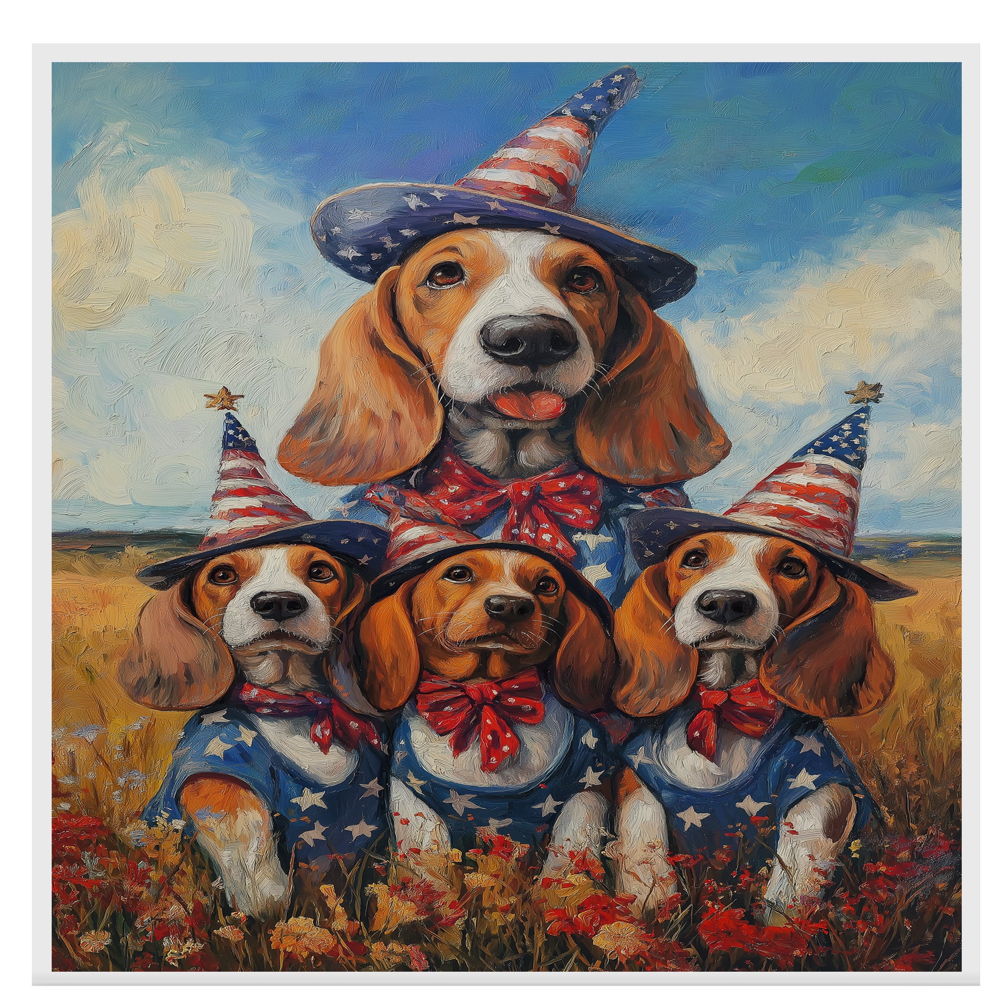 Basset Hound Mom and Puppies in Patriotic Outfits with Party Hats in Wildflower Field Under Blue Sky Oil Painting on Ready to Hang 1.5" Thick Canvas Wrap, Floating Framed Canvas, Flat Rolled Canvas