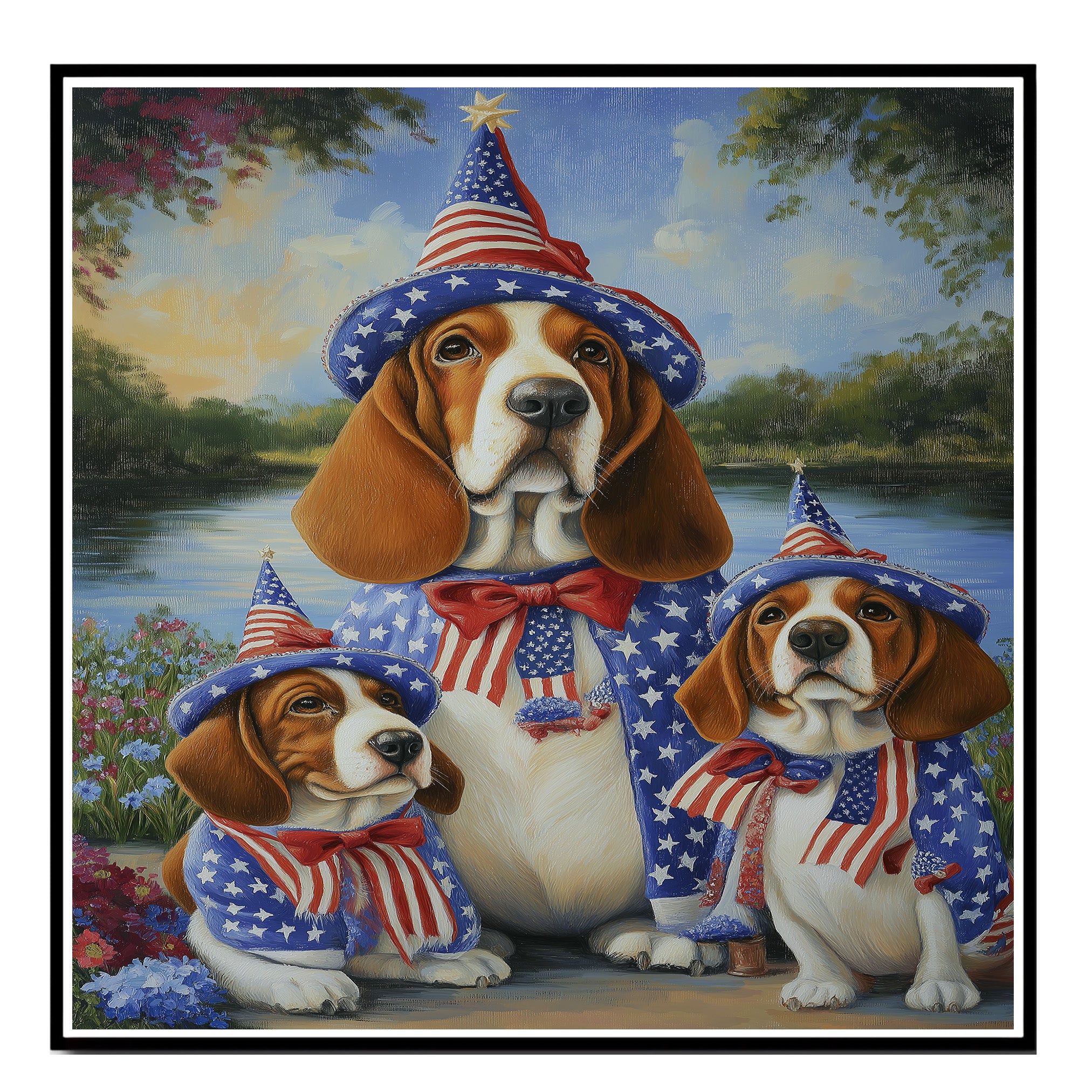 Basset Hound Mom and Puppies in Patriotic Hats and Bowties by a Lake in Wildflower Garden Oil Painting Print on Ready to Hang 1.5" Thick Canvas Wrap, Floating Framed Canvas, Flat Rolled Canvas