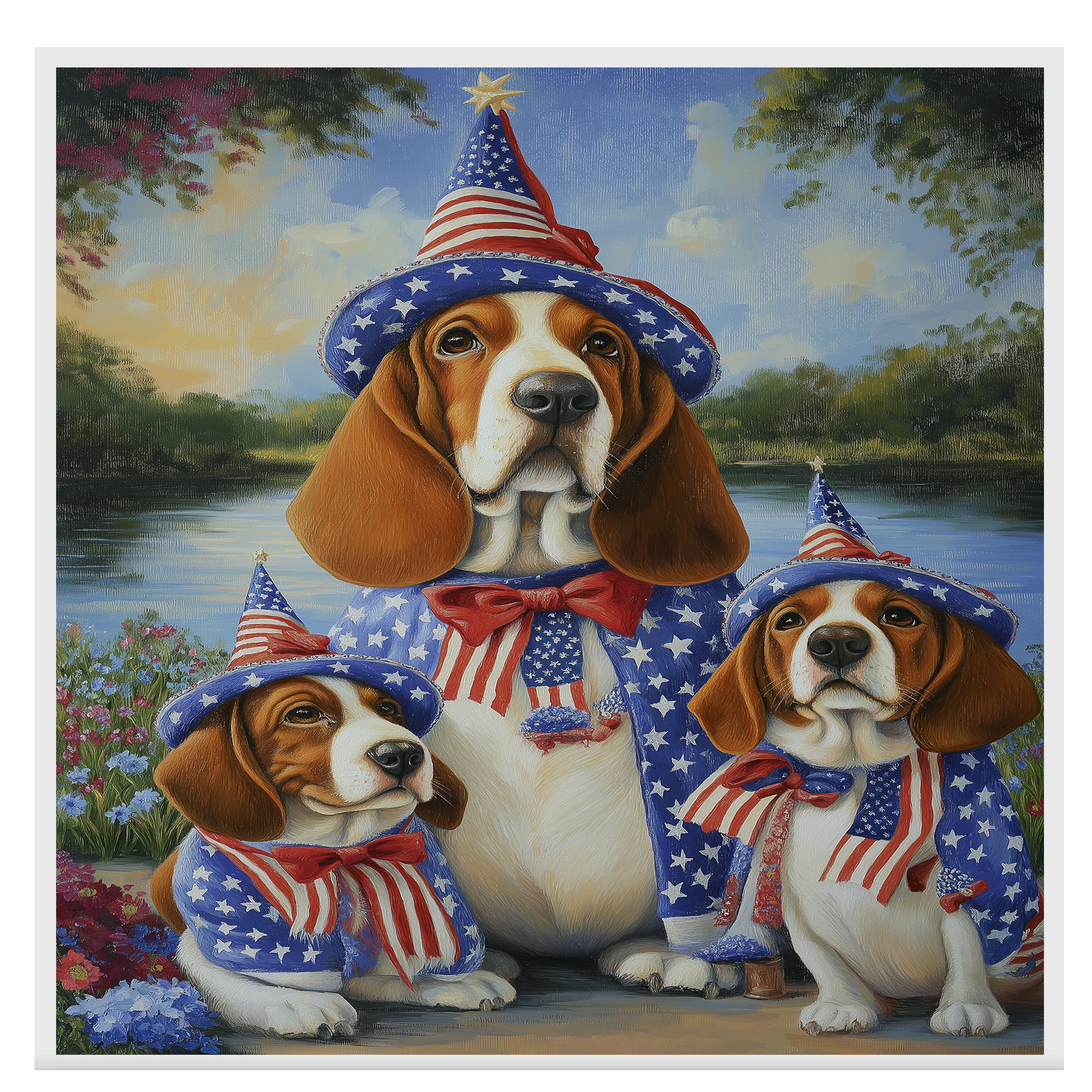 Basset Hound Mom and Puppies in Patriotic Hats and Bowties by a Lake in Wildflower Garden Oil Painting Print on Ready to Hang 1.5" Thick Canvas Wrap, Floating Framed Canvas, Flat Rolled Canvas