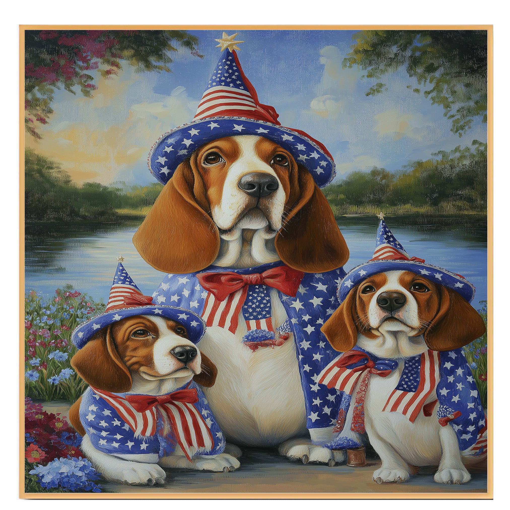 Basset Hound Mom and Puppies in Patriotic Hats and Bowties by a Lake in Wildflower Garden Oil Painting Print on Ready to Hang 1.5" Thick Canvas Wrap, Floating Framed Canvas, Flat Rolled Canvas