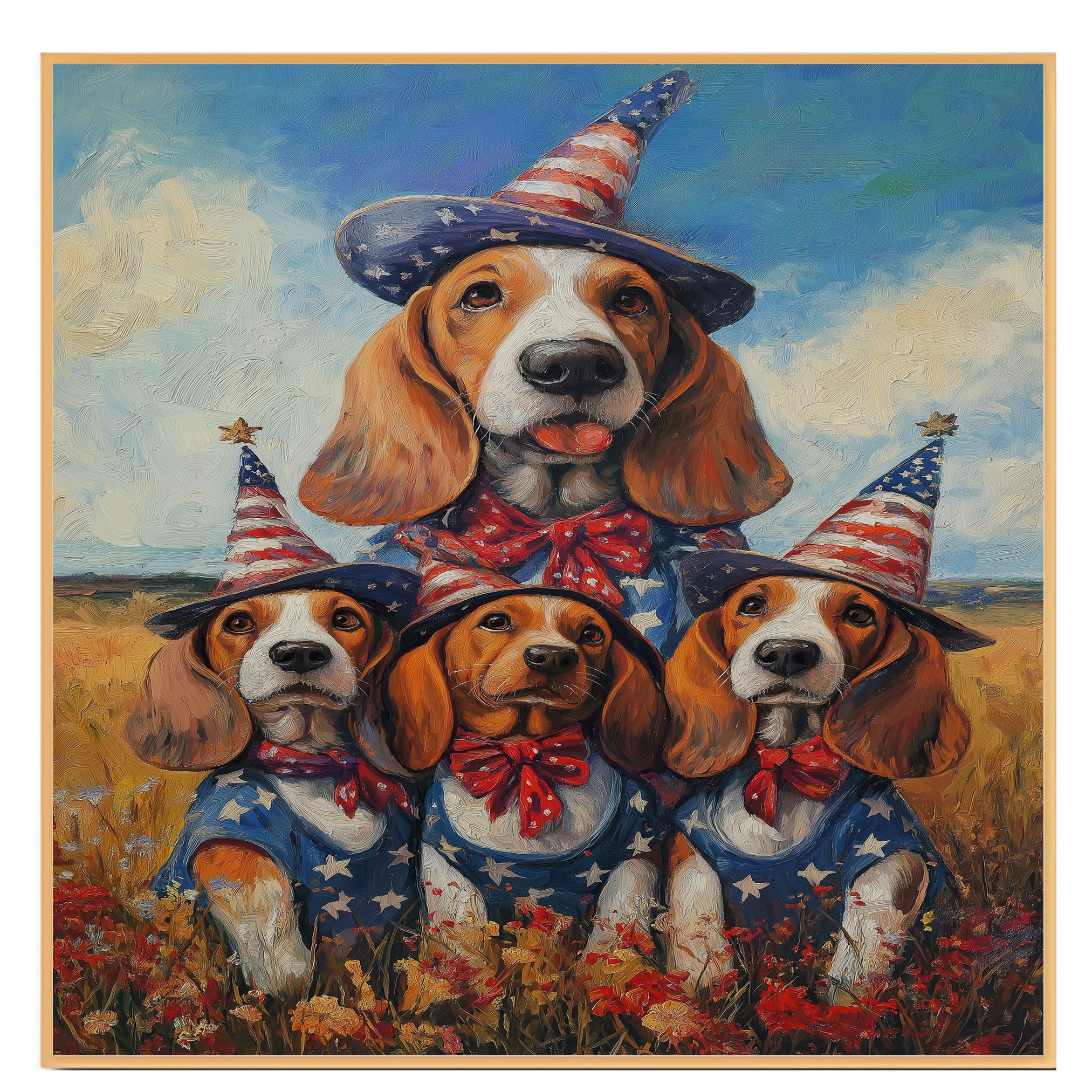 Basset Hound Mom and Puppies in Patriotic Outfits with Party Hats in Wildflower Field Under Blue Sky Oil Painting on Ready to Hang 1.5" Thick Canvas Wrap, Floating Framed Canvas, Flat Rolled Canvas