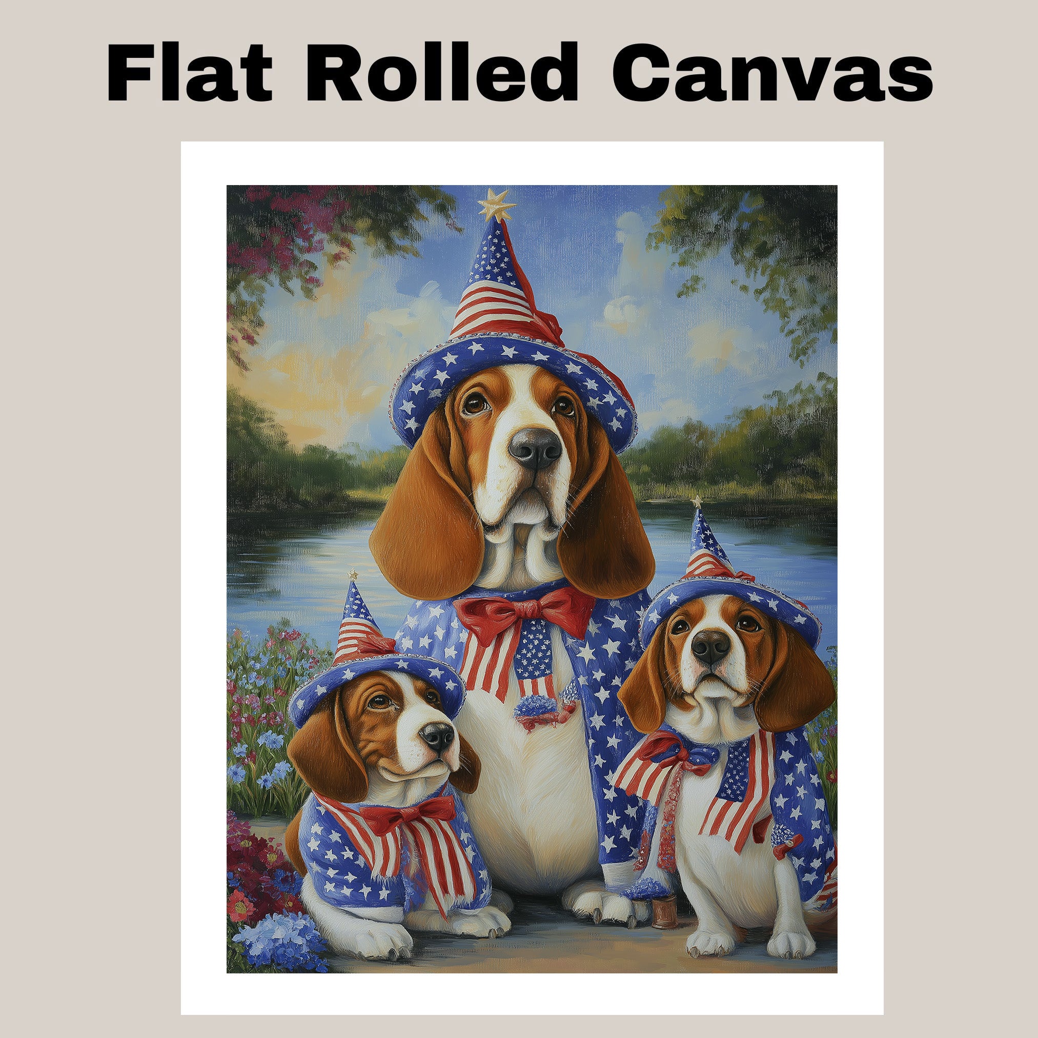 Basset Hound Mom and Puppies in Patriotic Hats and Bowties by a Lake in Wildflower Garden Oil Painting Print on Ready to Hang 1.5" Thick Canvas Wrap, Floating Framed Canvas, Flat Rolled Canvas