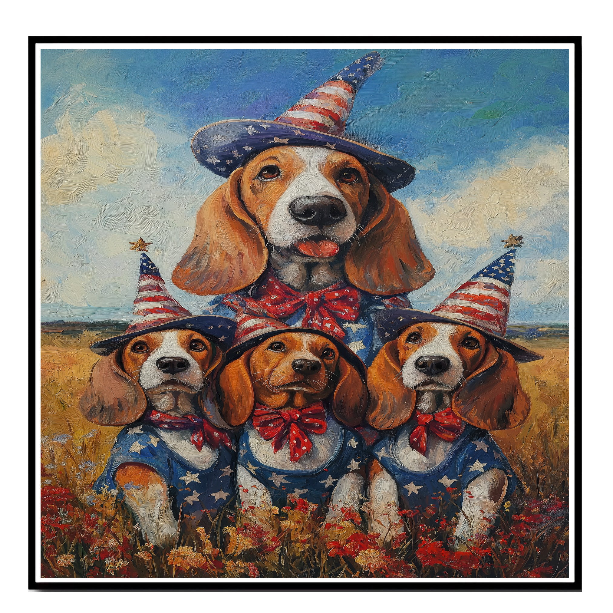 Basset Hound Mom and Puppies in Patriotic Outfits with Party Hats in Wildflower Field Under Blue Sky Oil Painting on Ready to Hang 1.5" Thick Canvas Wrap, Floating Framed Canvas, Flat Rolled Canvas