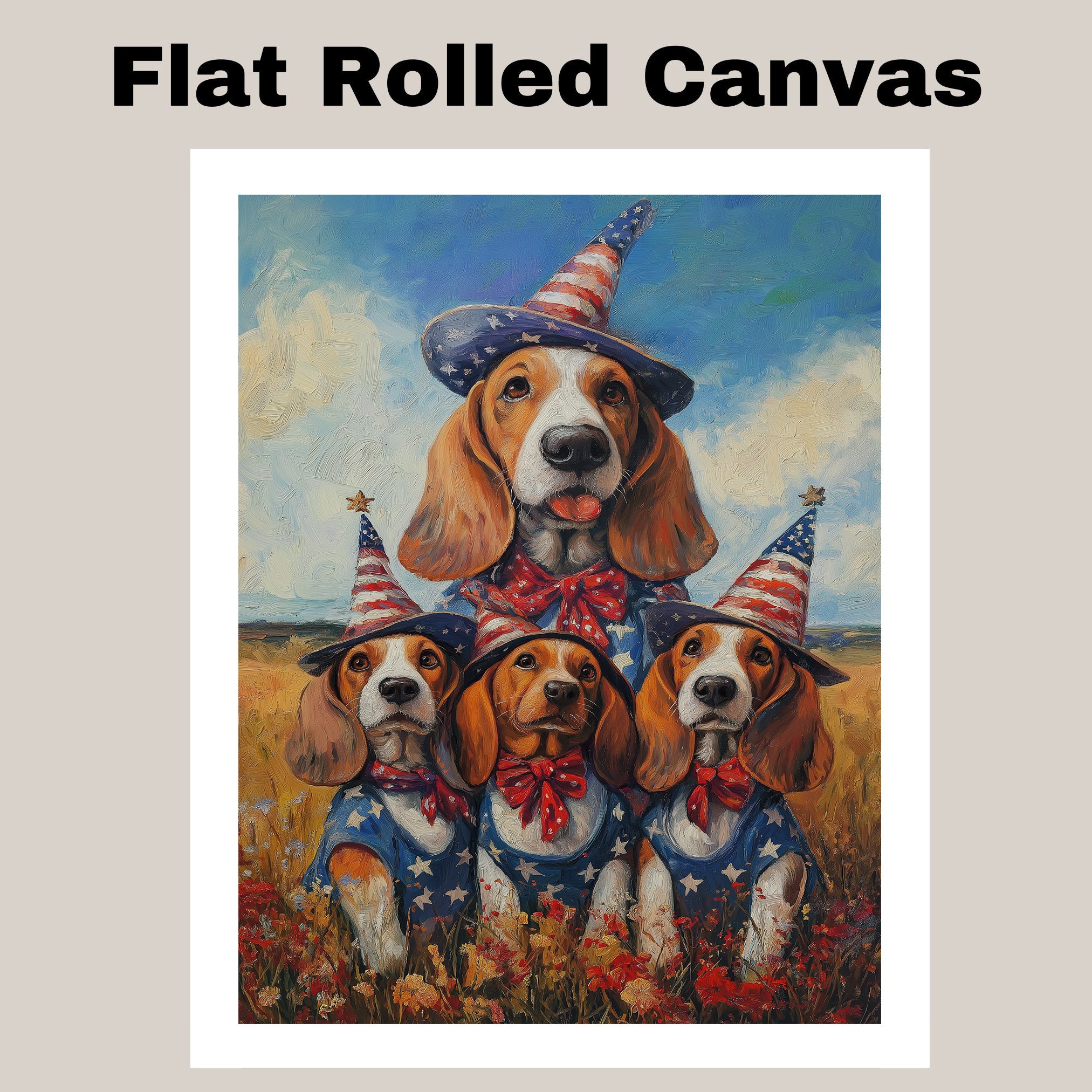 Basset Hound Mom and Puppies in Patriotic Outfits with Party Hats in Wildflower Field Under Blue Sky Oil Painting on Ready to Hang 1.5" Thick Canvas Wrap, Floating Framed Canvas, Flat Rolled Canvas